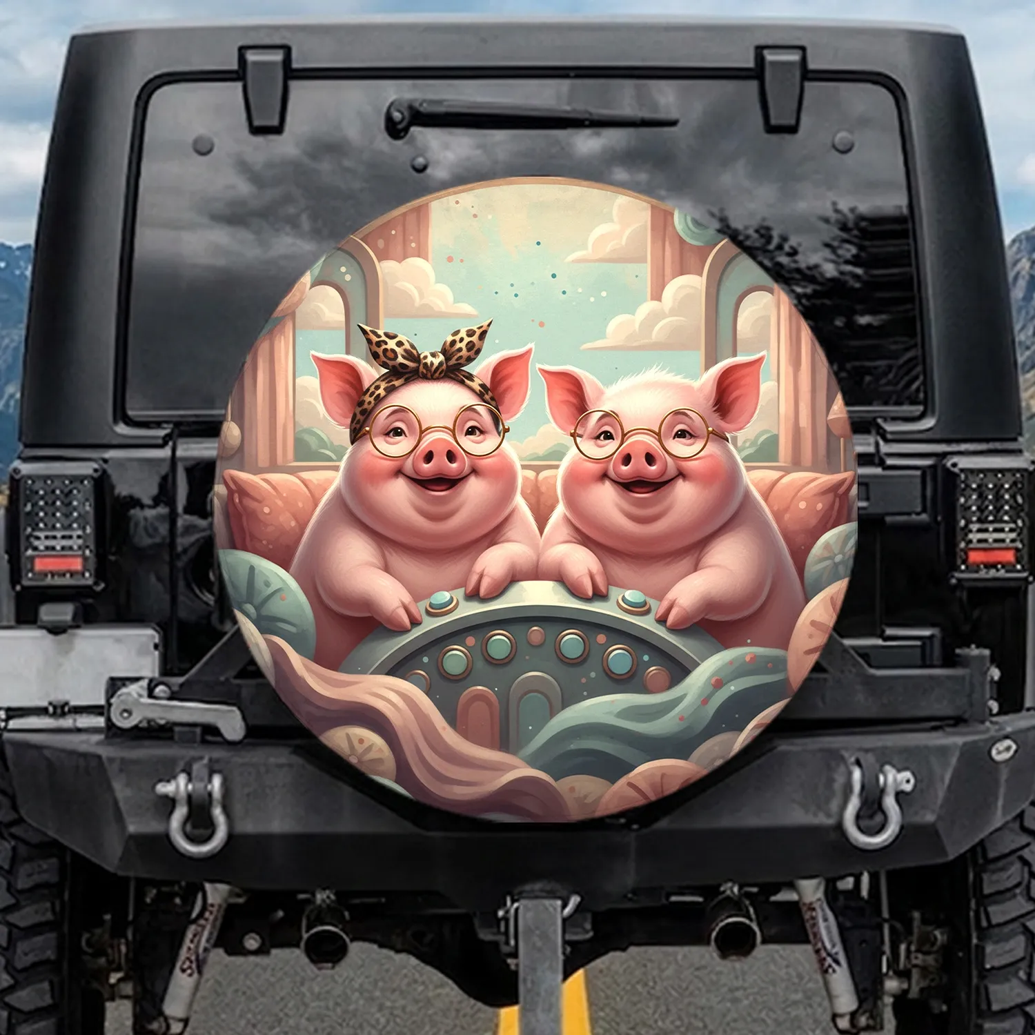 Smiling Spectacled Cartoon Pigs Leopard Scarf - Travel Essentials Gift Spare Tire Cover - 1