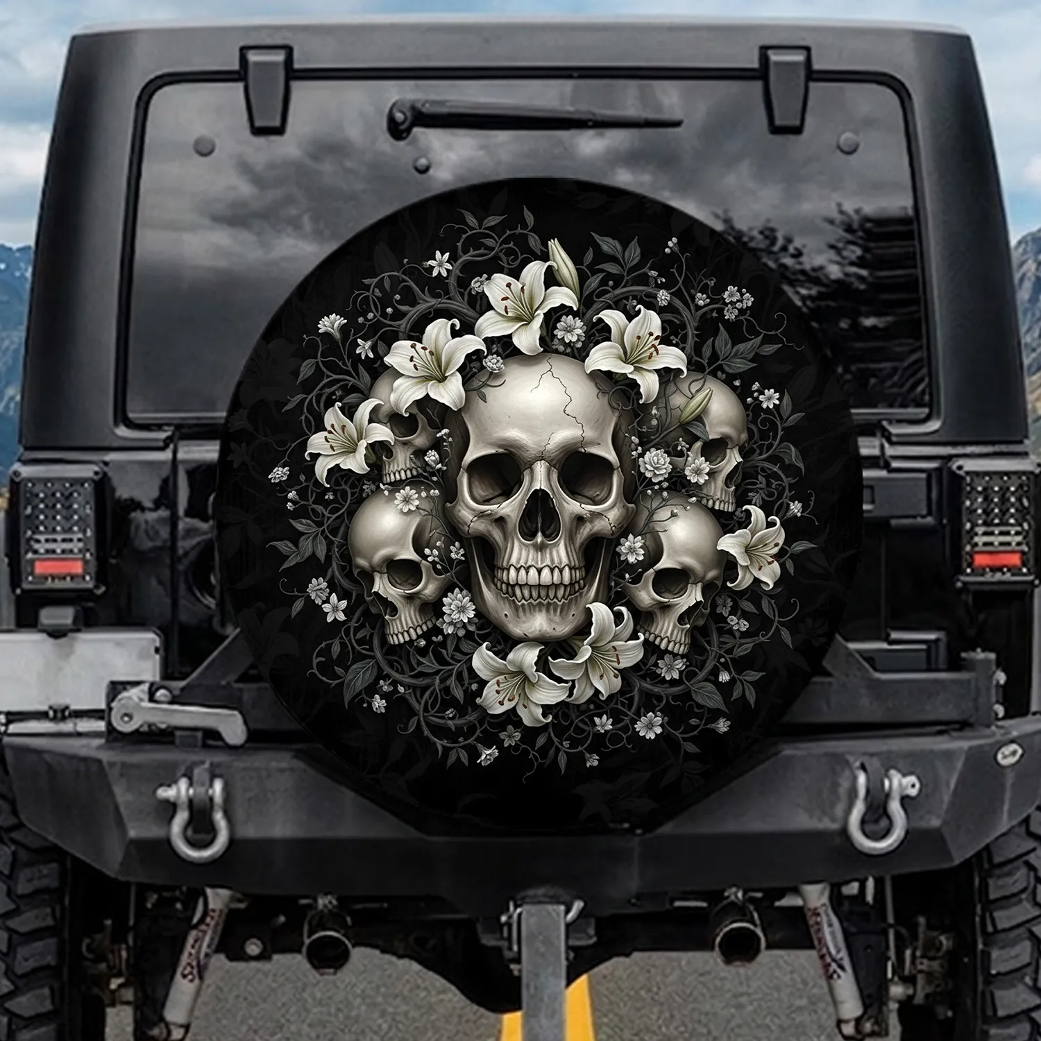 Gothic Skulls White Lilies Floral Vines - Macabre Home Decor Gift Spare Tire Cover - 1