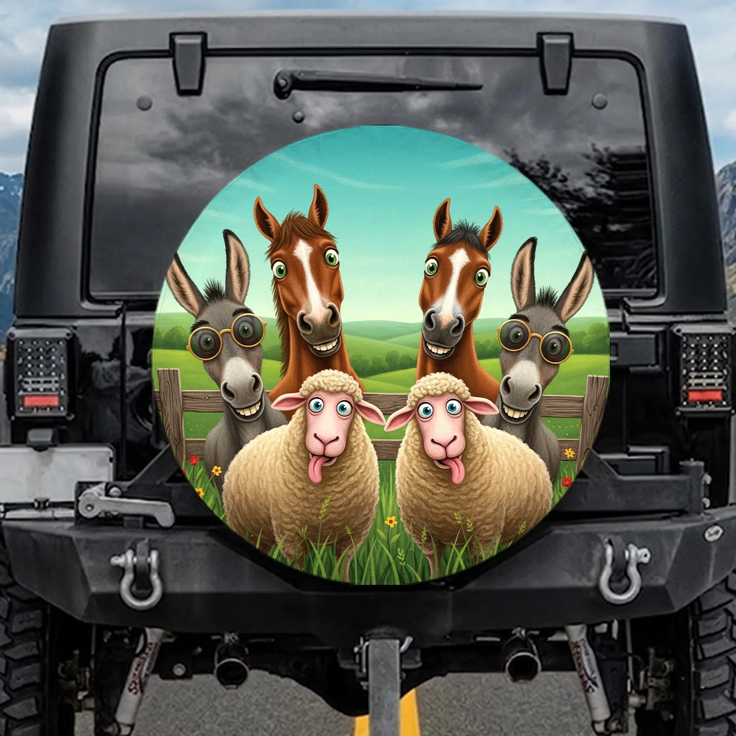Comical Farm Animals Green Hills - Farmhouse Home Decor Gift Spare Tire Cover - 1