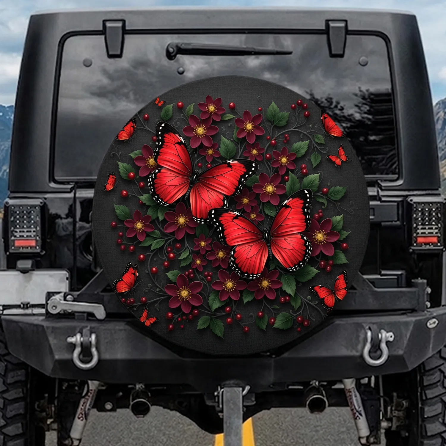 Crimson Red Butterflies Deep Red Flowers Winding Botanical Vines Nature Lover Gift for Garden Enthusiast Spare Tire Cover - 1