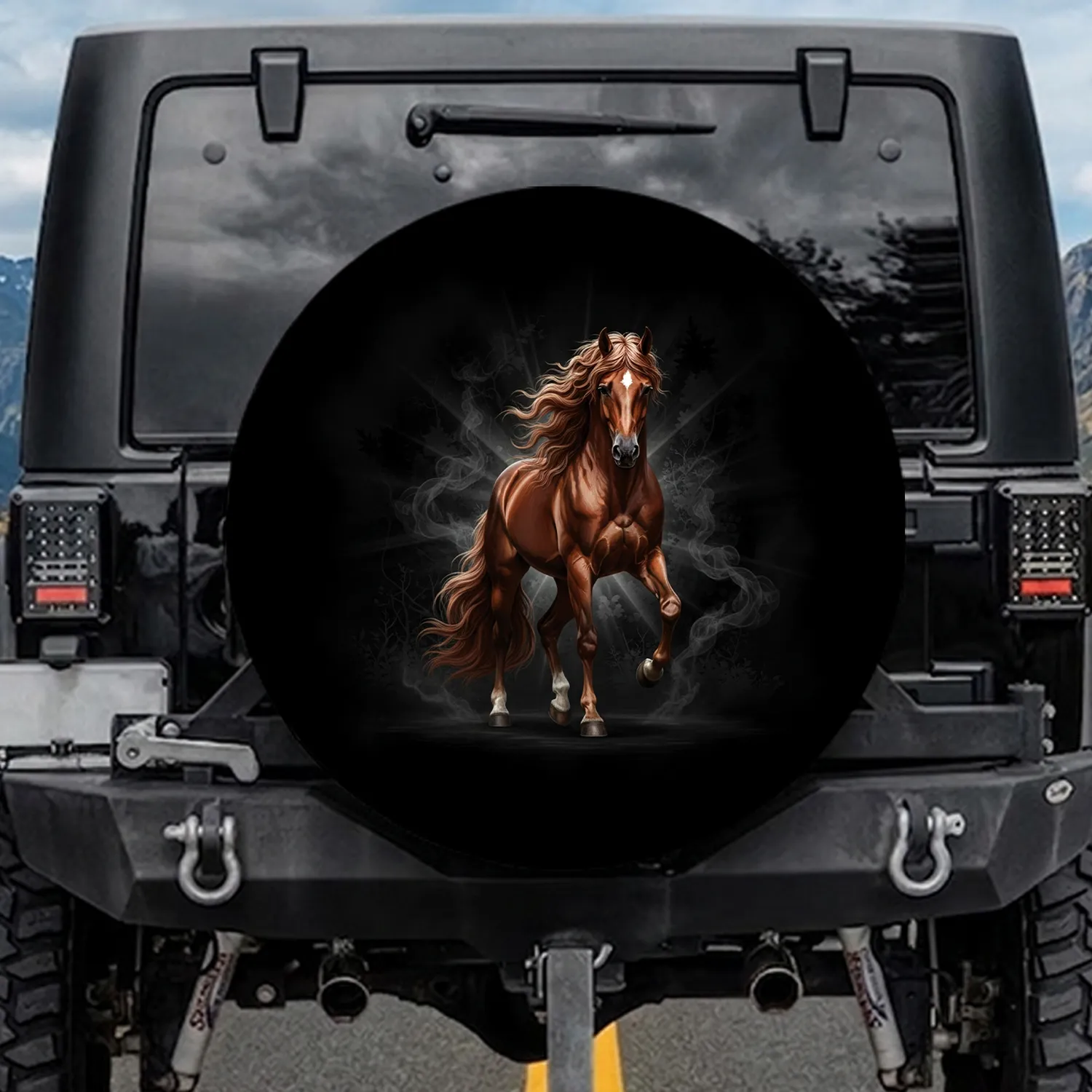 Majestic Bay Horse Flowing Mane Dynamic Stance Dark Forest - Horse Lover Gift Spare Tire Cover - 1