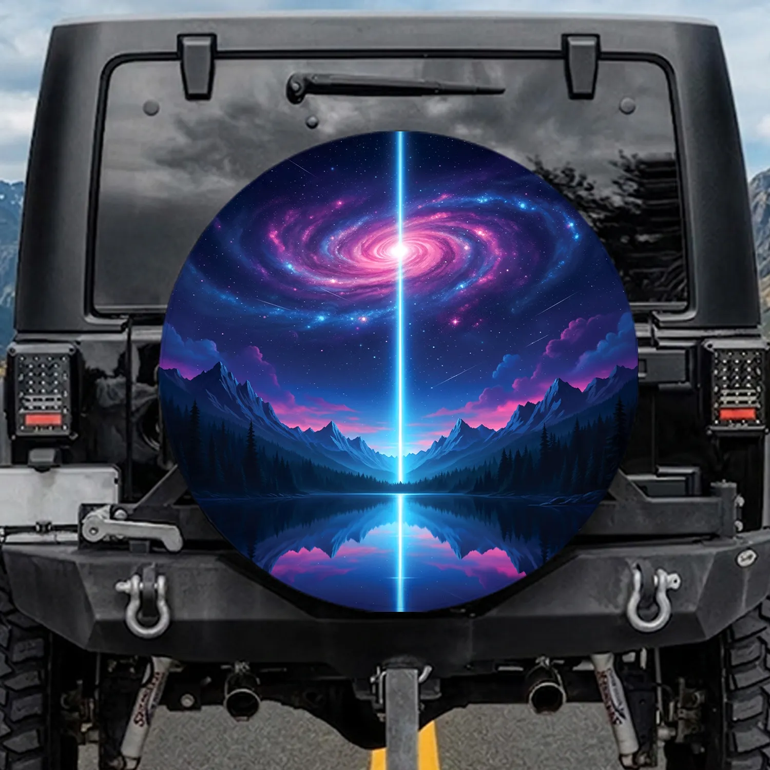 Radiant Cosmic Light Beam Lake Mountains Galaxy - Home Decor Gift Spare Tire Cover - 1