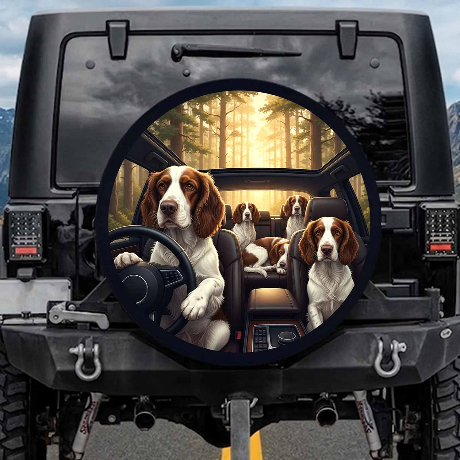 Five Springer Spaniel Dogs Driving Vehicle - Dog Lover Gift for Pet Owners Spare Tire Cover - 1