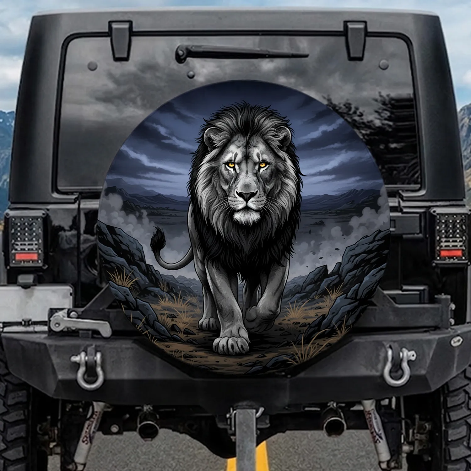Male Lion Dark Mane Golden Eyes Jagged Rock Savanna Stormy Twilight - Wildlife Lover Gift Spare Tire Cover - 1