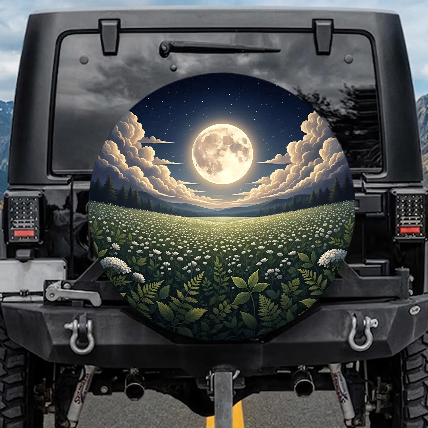 Glowing Full Moon Starry Night White Wildflowers - Home Decor Gift Spare Tire Cover - 1