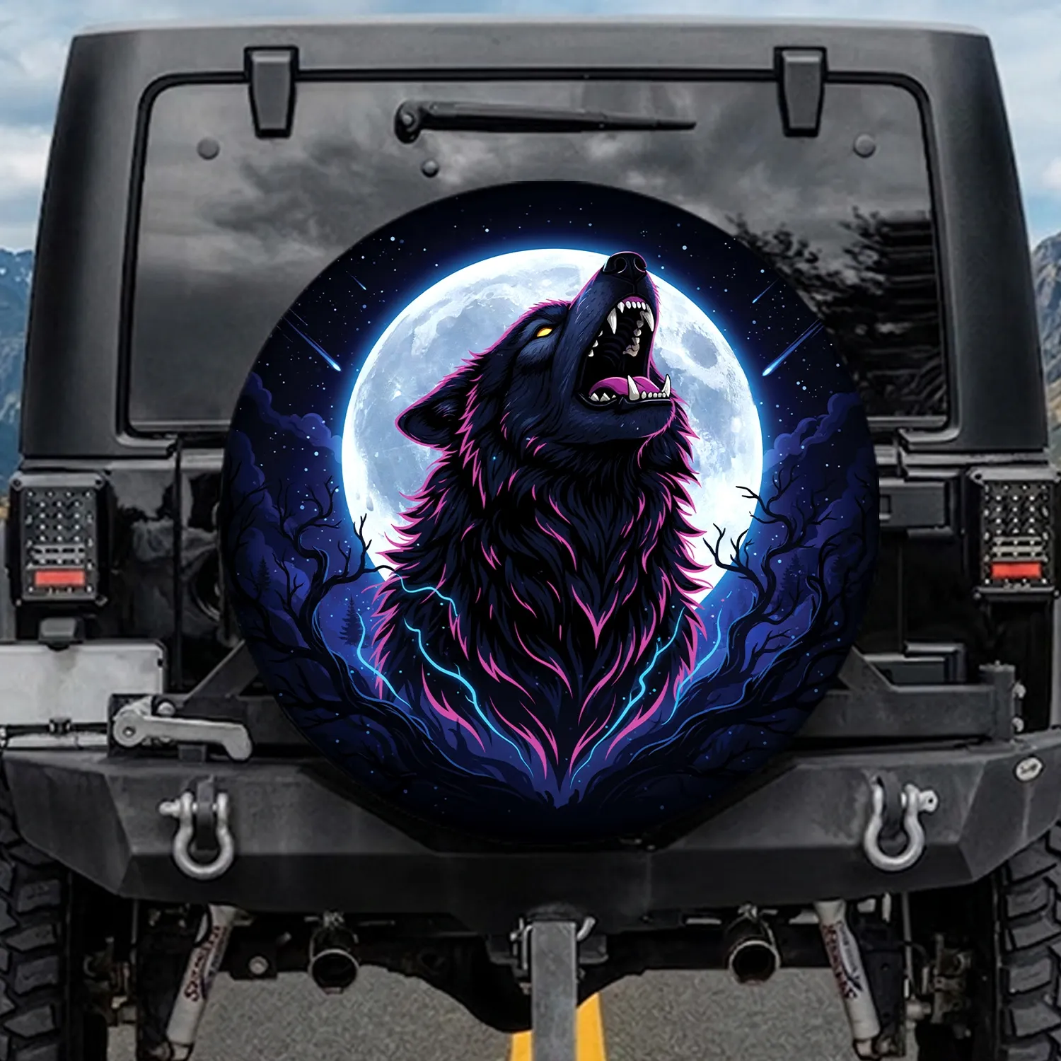 Neon Wolf Howling Glowing Eyes Full Moon - Wildlife Lover Gift Spare Tire Cover - 1