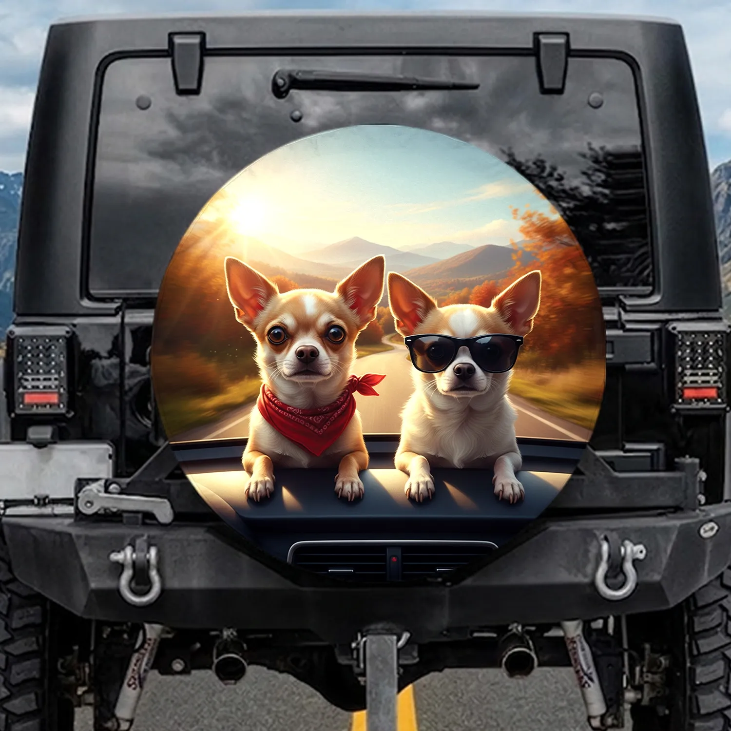 Chihuahua Dogs Dashboard Road Trip - Dog Lover Car Accessory Spare Tire Cover - 1