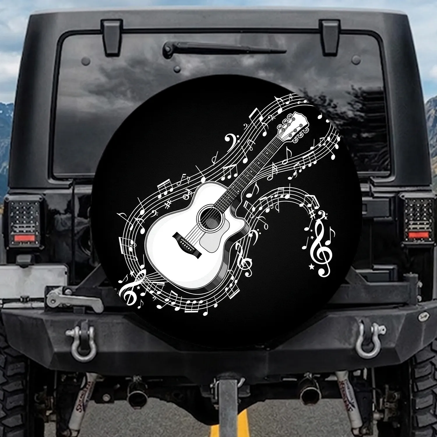 White Acoustic Guitar Musical Notes Treble Clef - Music Lover Gift for Musicians Spare Tire Cover - 1
