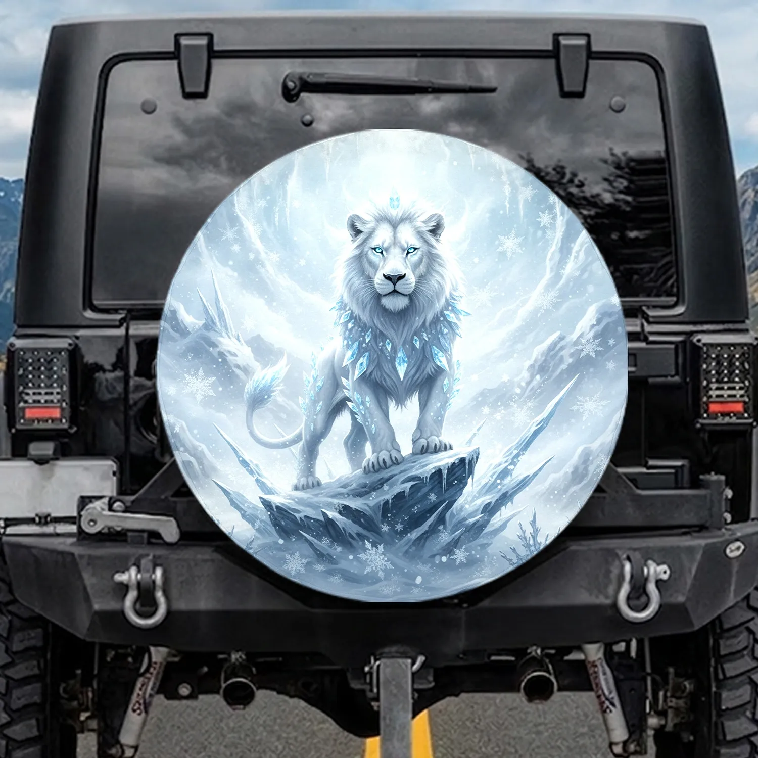 White Lion Luminous Eye Crystal Shards Ice Snowflakes Winter Landscape - Winter Decor Gift Spare Tire Cover - 1