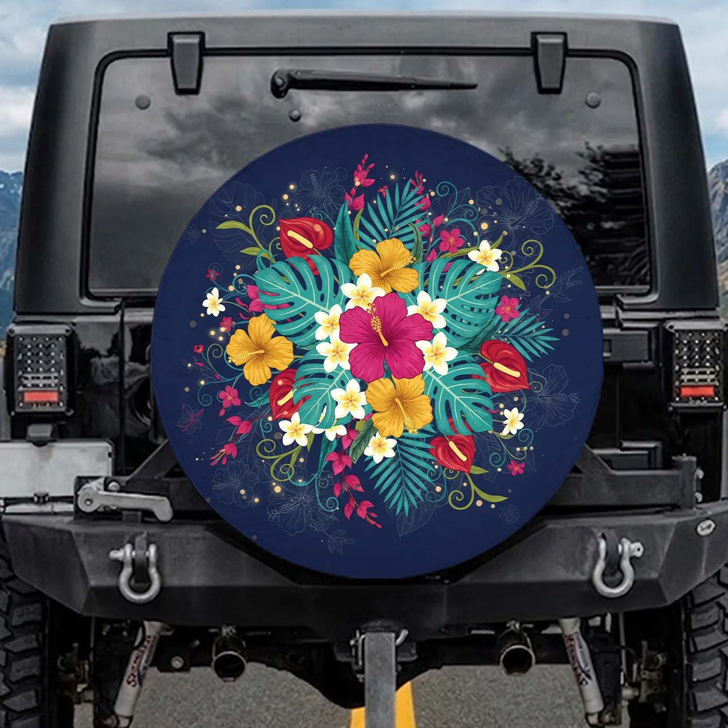 Tropical Flowers Lush Leaves Botanical Field - Outdoor Decor Gift for Flower Lover Spare Tire Cover - 1