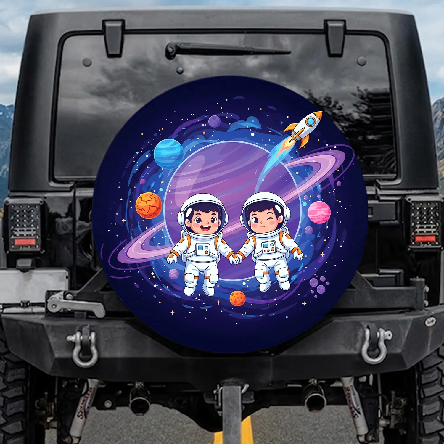 Cartoon Astronauts Purple Planet Cosmic Scene - Space Lover Gift Spare Tire Cover - 1