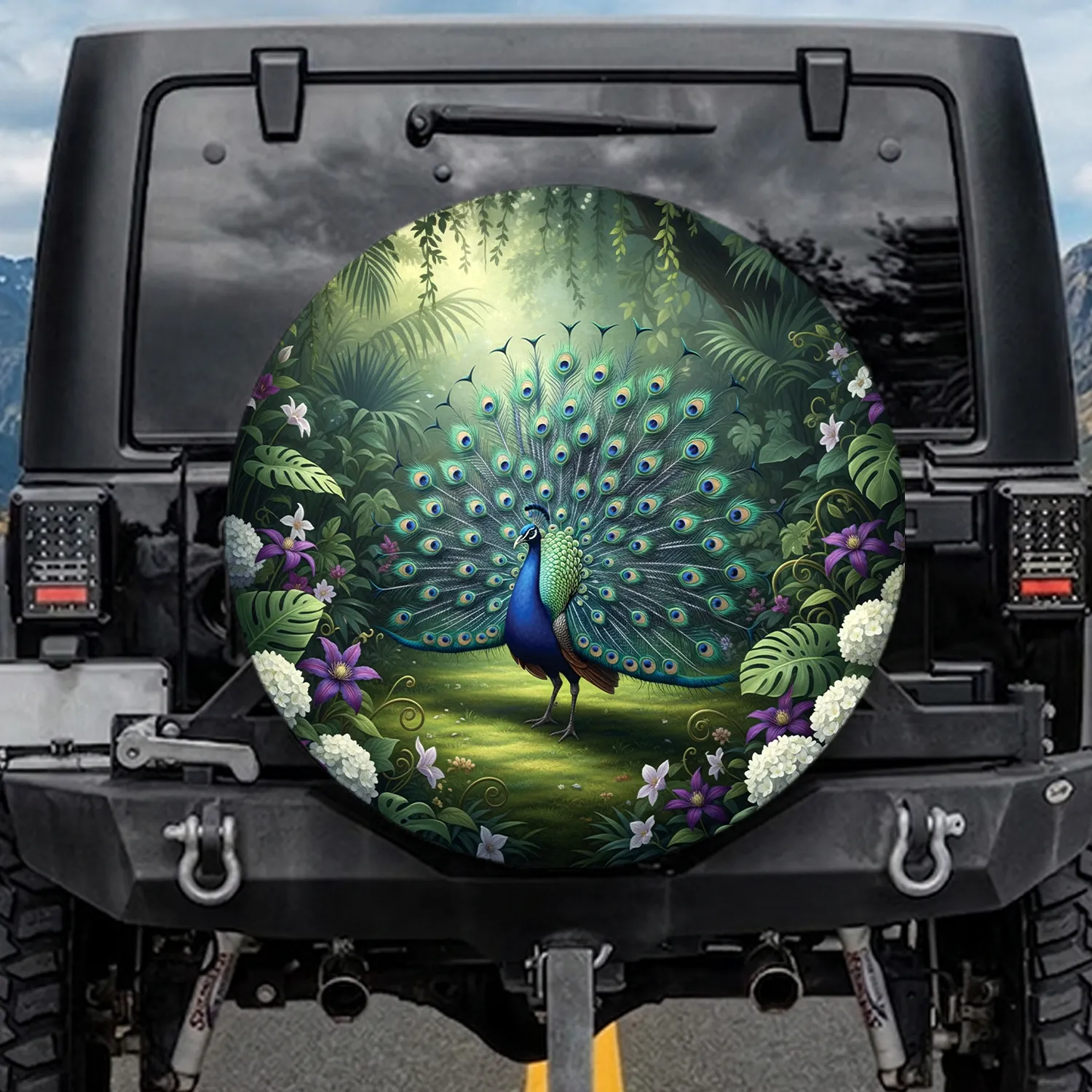 Majestic Peacock Iridescent Tail Garden Flowers - Wildlife Lover Gift Spare Tire Cover - 1