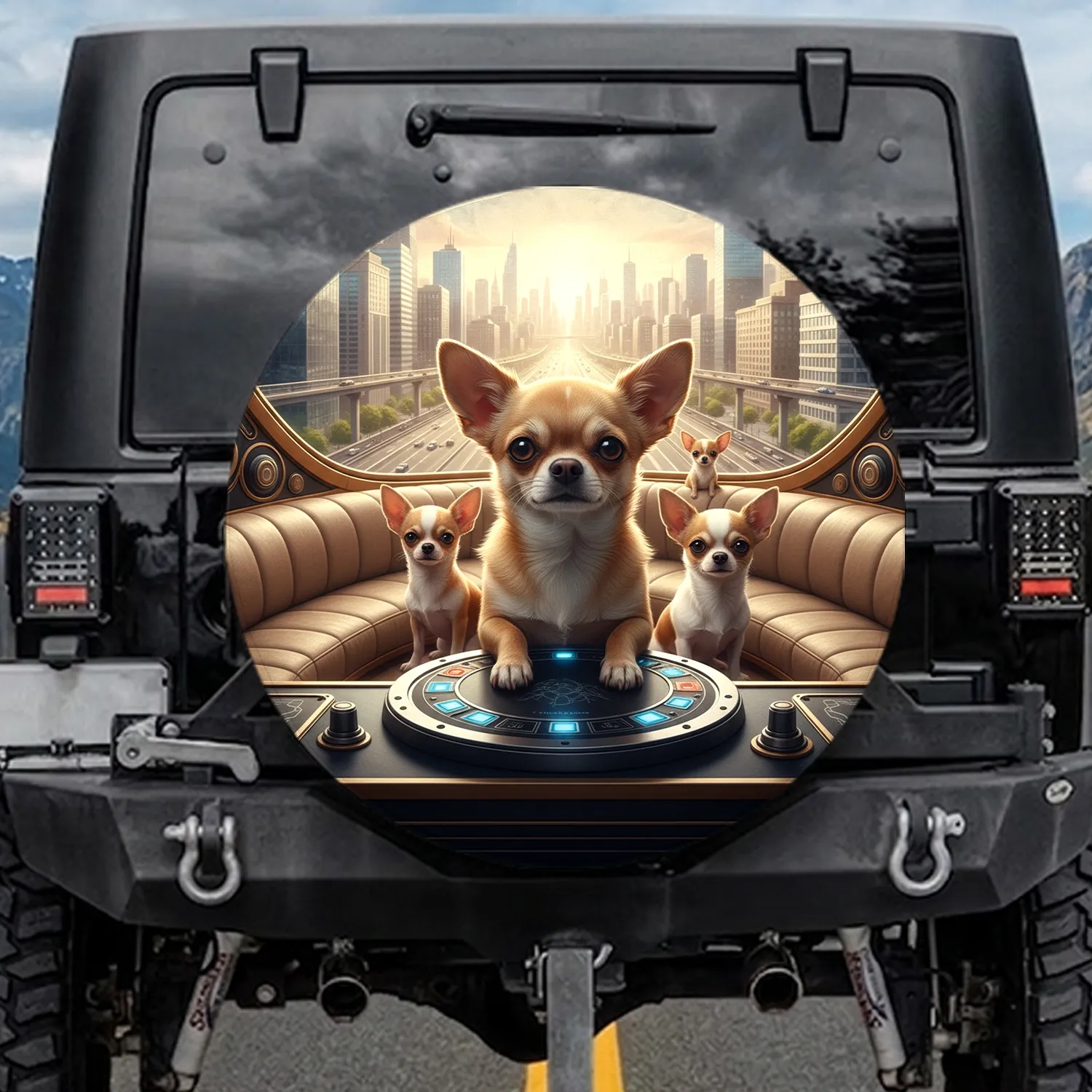 Chihuahua Group Control Panel Cityscape Lounge Scene - Travel Essentials Dog Lover Gift Spare Tire Cover - 1