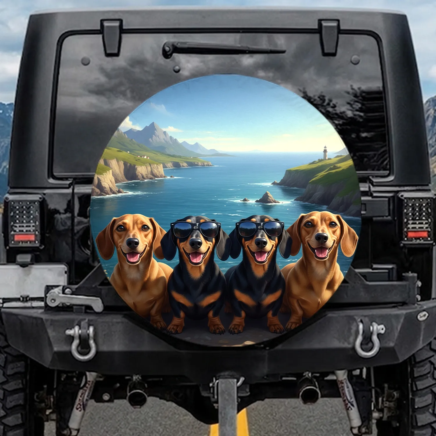Dachshund Dogs Coastal Ocean View - Adventure Traveler Gift for Dog Lover Spare Tire Cover - 1