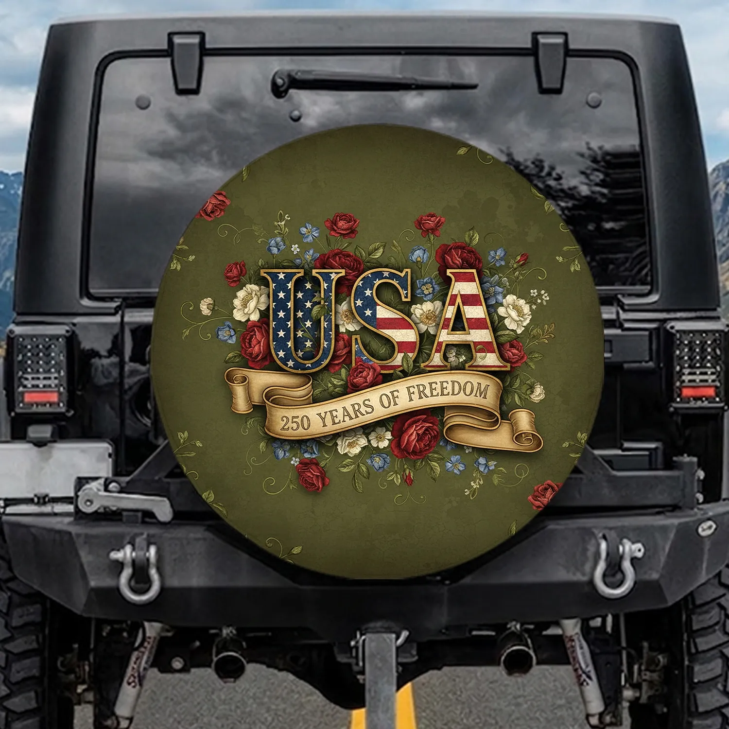 USA Flag Roses Wildflowers 250 Years Freedom - Independence Day Gift for Veterans Spare Tire Cover - 1