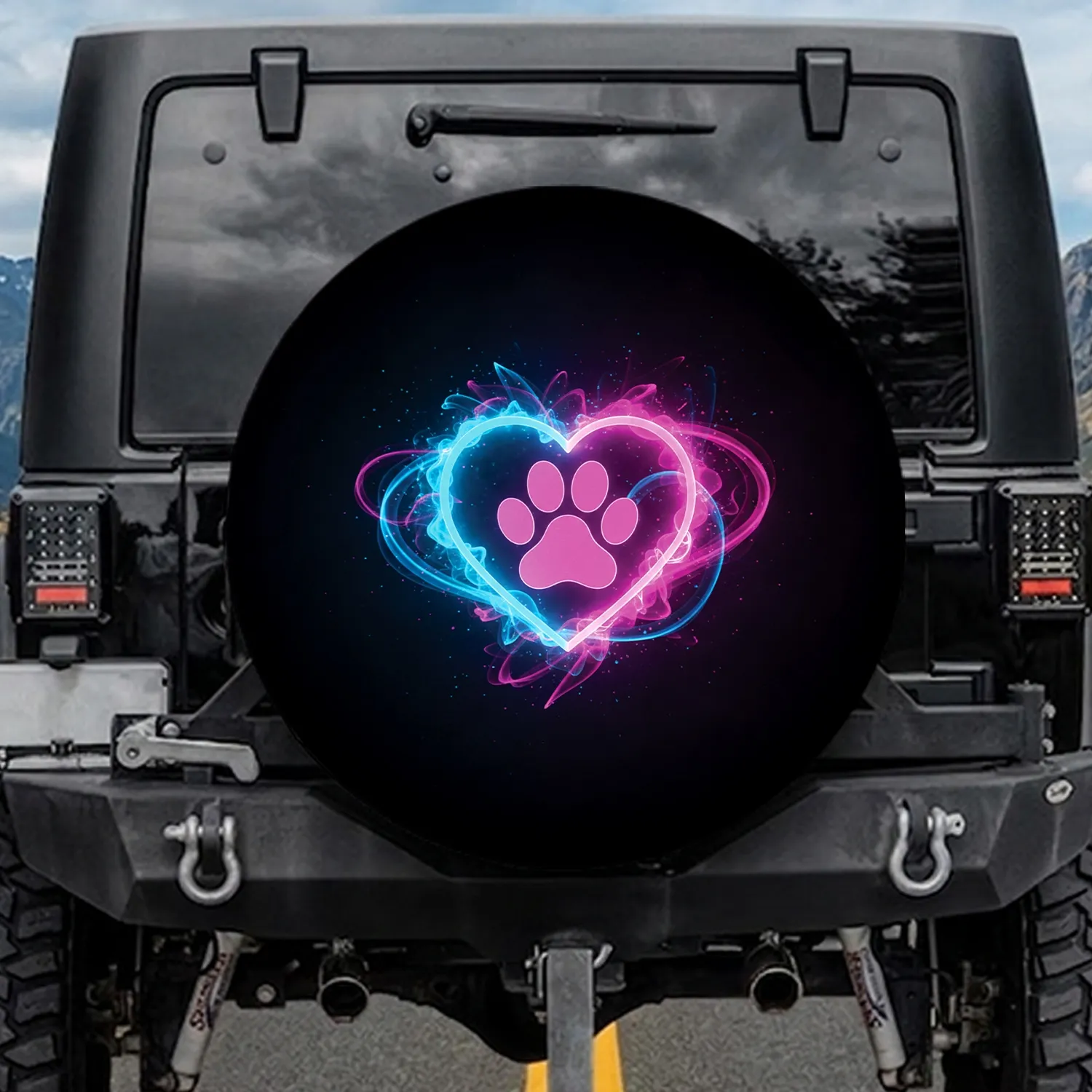 Luminous Paw Print Heart Swirls Electric Blue Magenta Light - Dog Cat Lover Gift Spare Tire Cover - 1