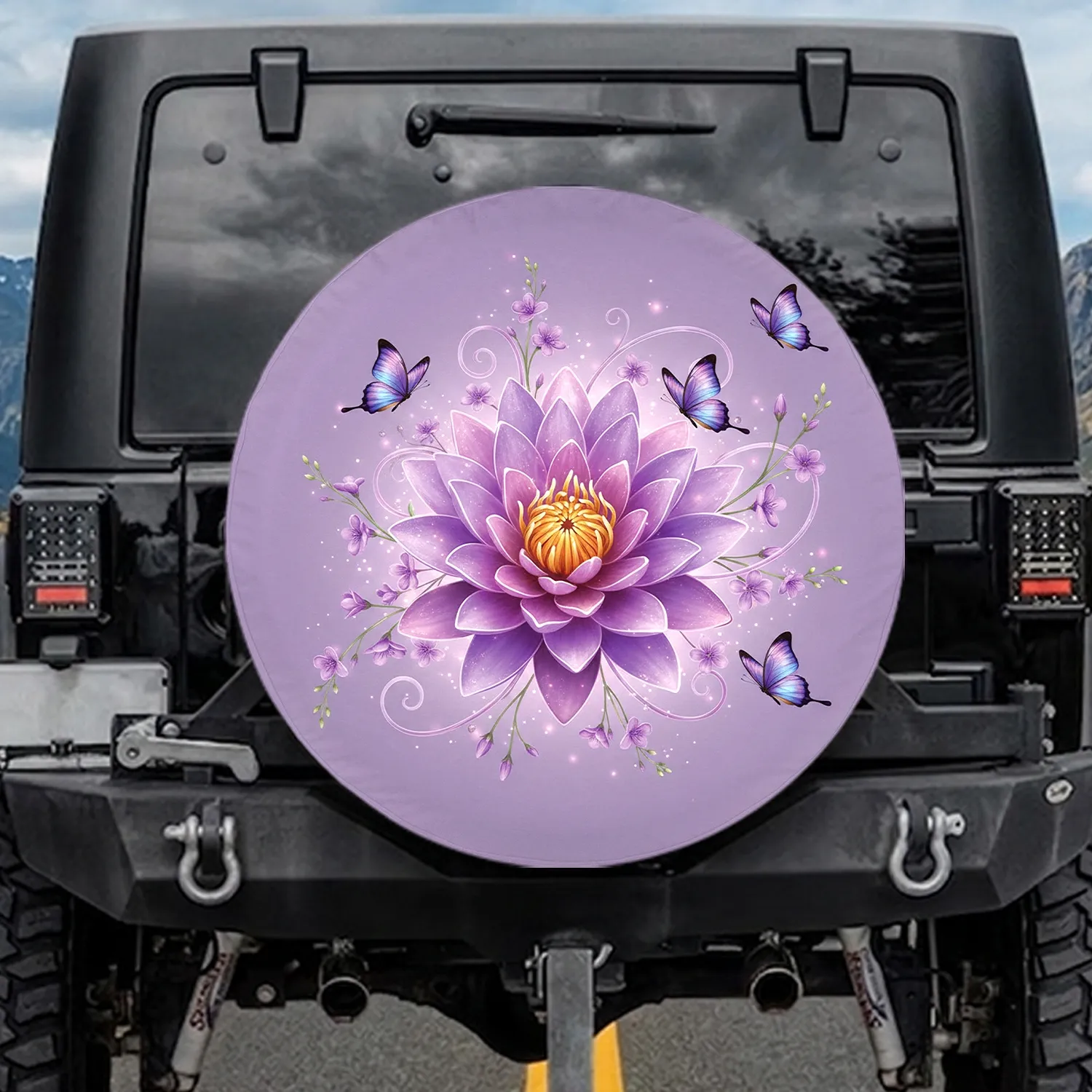 Purple Water Lily Lotus Butterflies Vine Flowers - Nature Lover Gift Spare Tire Cover - 1