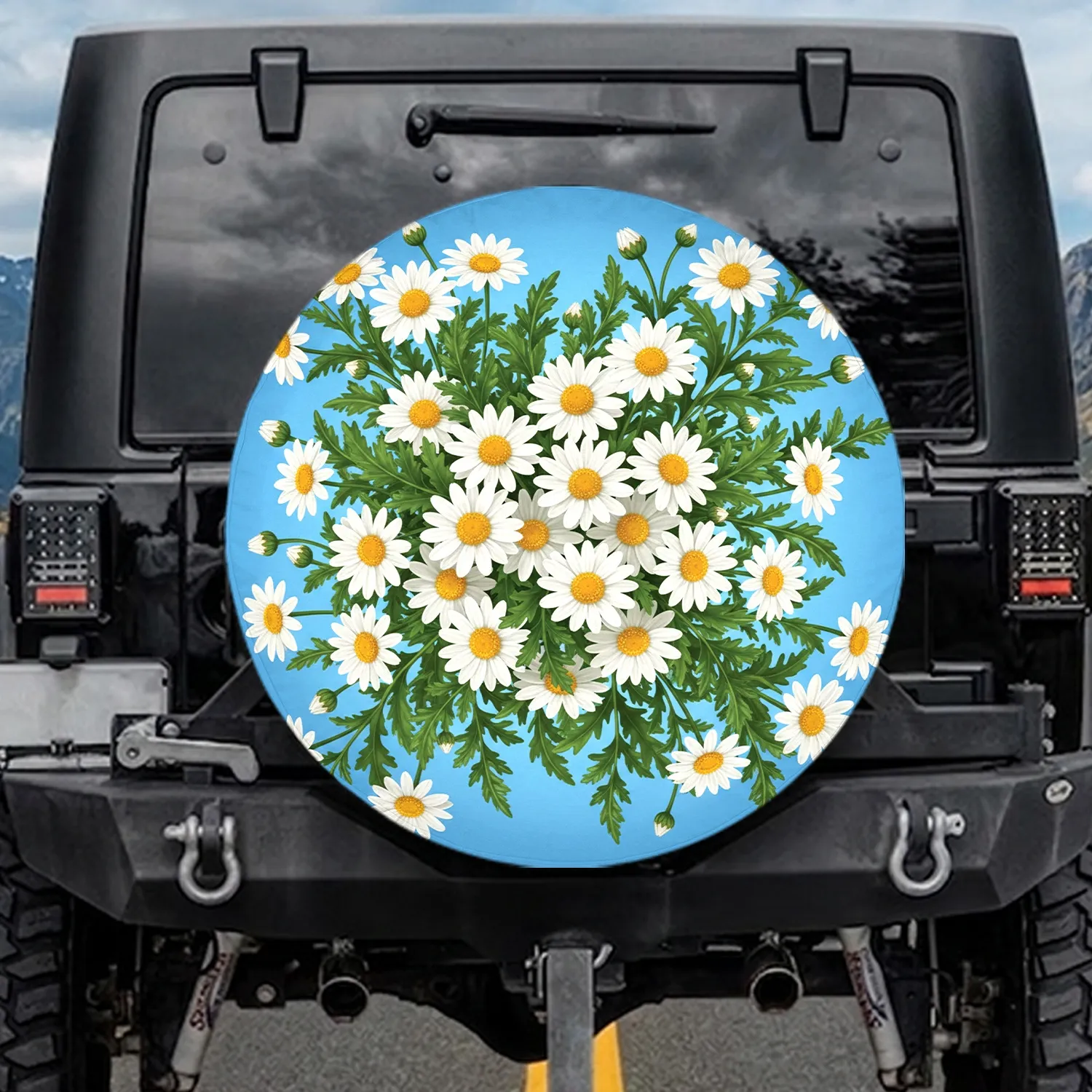 White Daisy Cluster Green Leaves Sky Blue - Home Decor Gift for Garden Lover Spare Tire Cover - 1