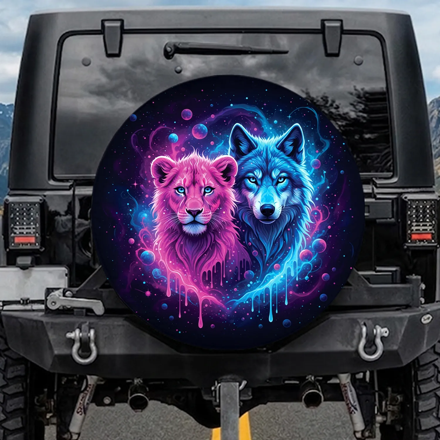 Curious Lion Cub Stoic Wolf Neon Cosmic Nebula - Wildlife Lover Home Decor Gift Spare Tire Cover - 1