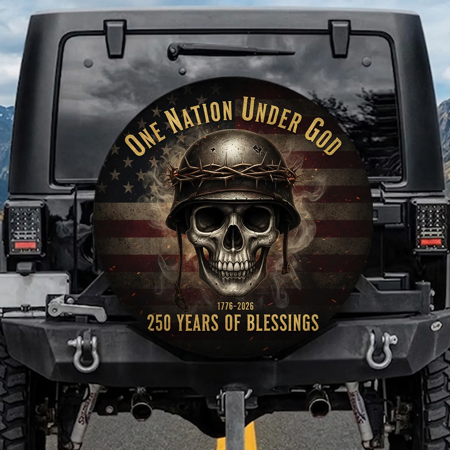 Skull Military Helmet Crown American Flag - American Heritage Gift for Veterans Spare Tire Cover - 1