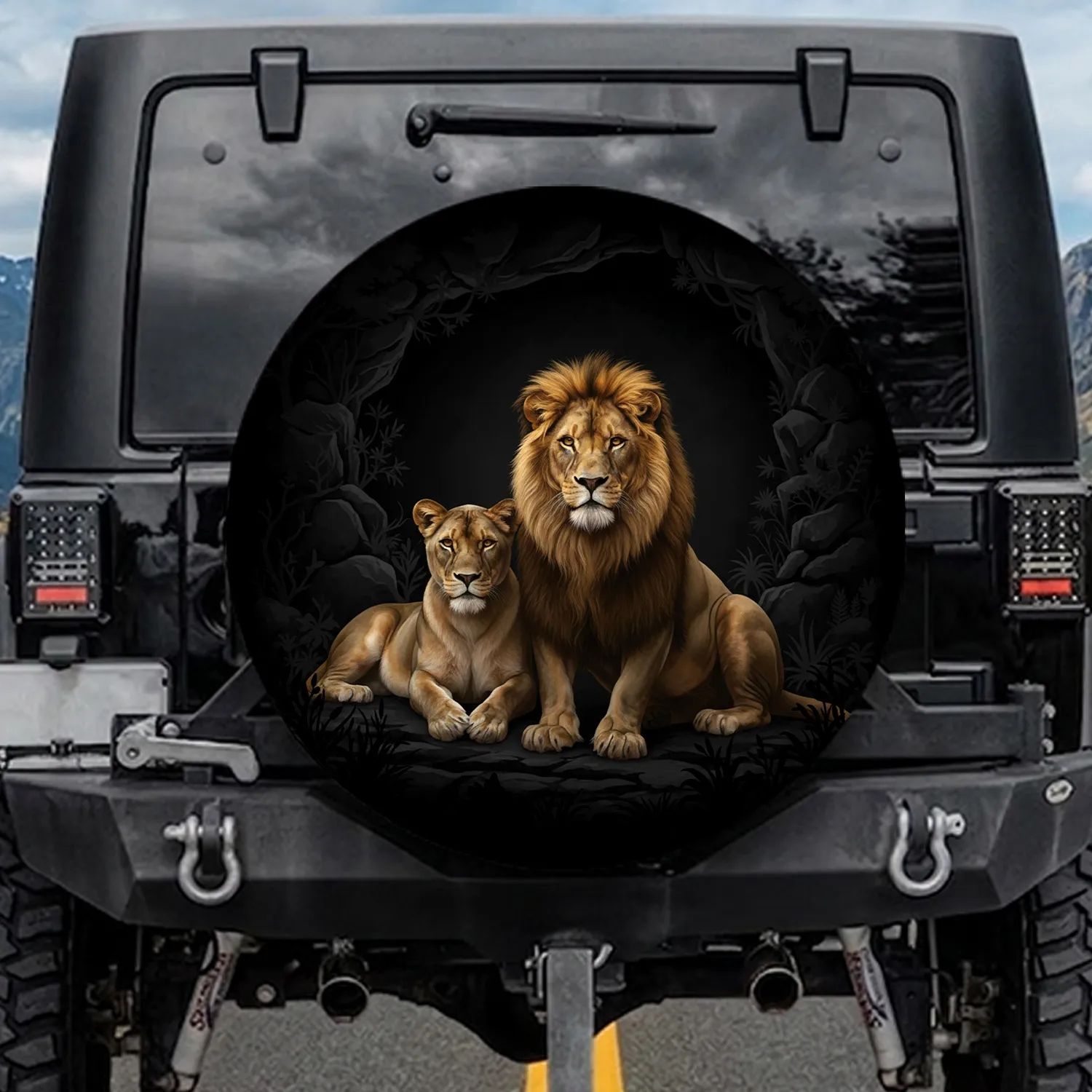 Majestic Golden Mane Lion Tawny Lioness Pair Dark Savanna - Wildlife Lover Gift Spare Tire Cover - 1