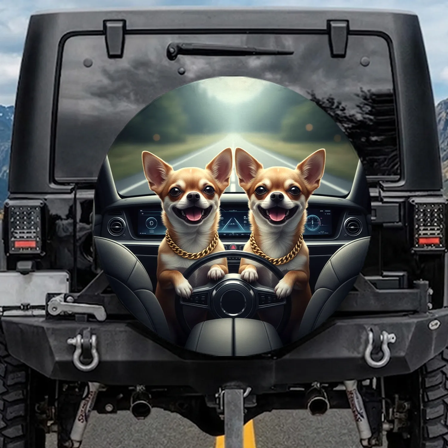 Joyful Chihuahua Dogs Gold Chain Steering Automotive Interior - Car Decor Gift Spare Tire Cover - 1