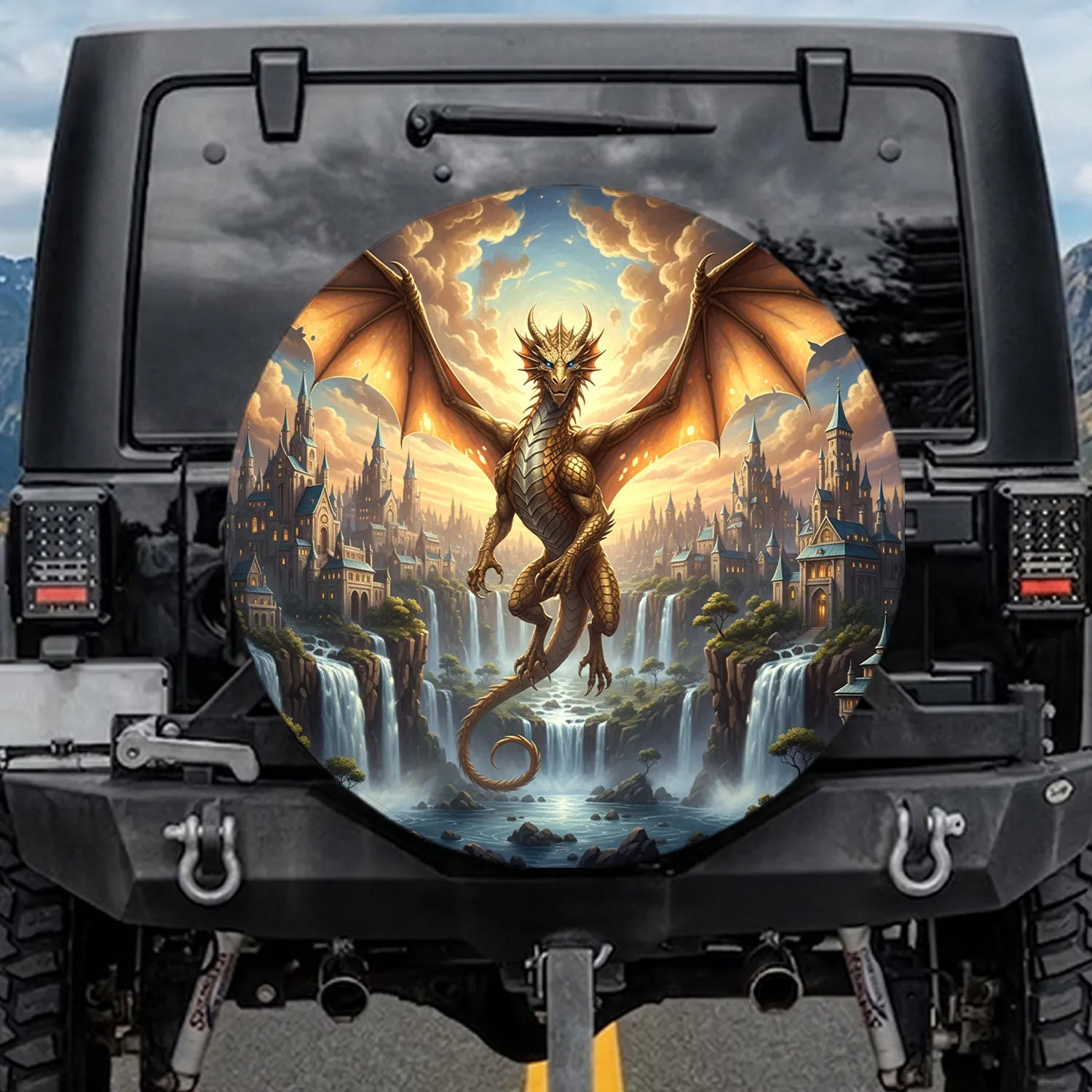 Luminous Golden Dragon Fantasy Castles - Travel Essentials for Fantasy Lover Spare Tire Cover - 1