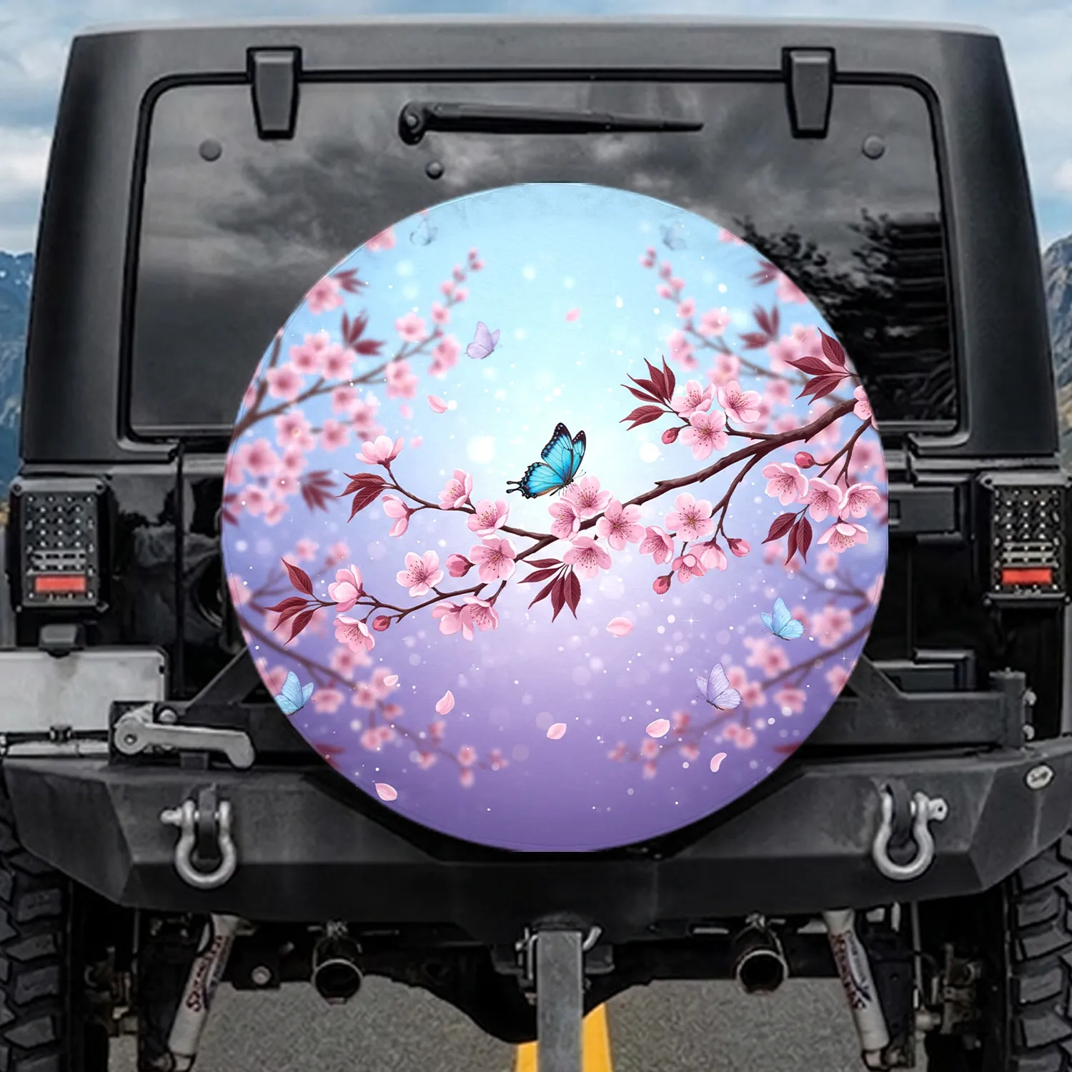 Pink Sakura Turquoise Butterfly - Spring Garden Nature Lover Gift Spare Tire Cover - 1