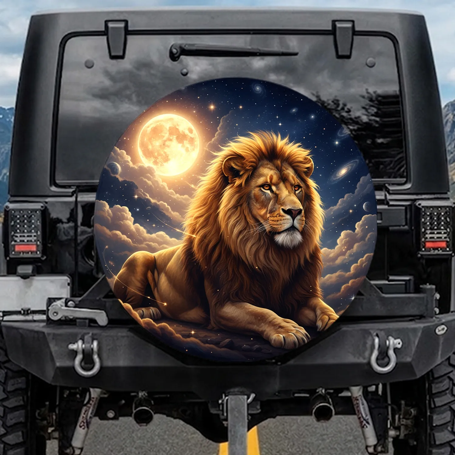 Majestic Lion Golden Mane Full Moon Galaxy Night Sky - Wildlife Lover Gift Spare Tire Cover - 1