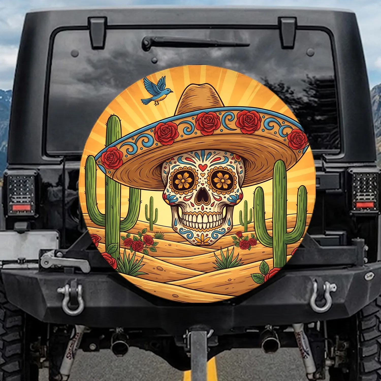 Sugar Skull Sombrero Floral Desert Cactus - Fiesta Celebration Gift Spare Tire Cover - 1