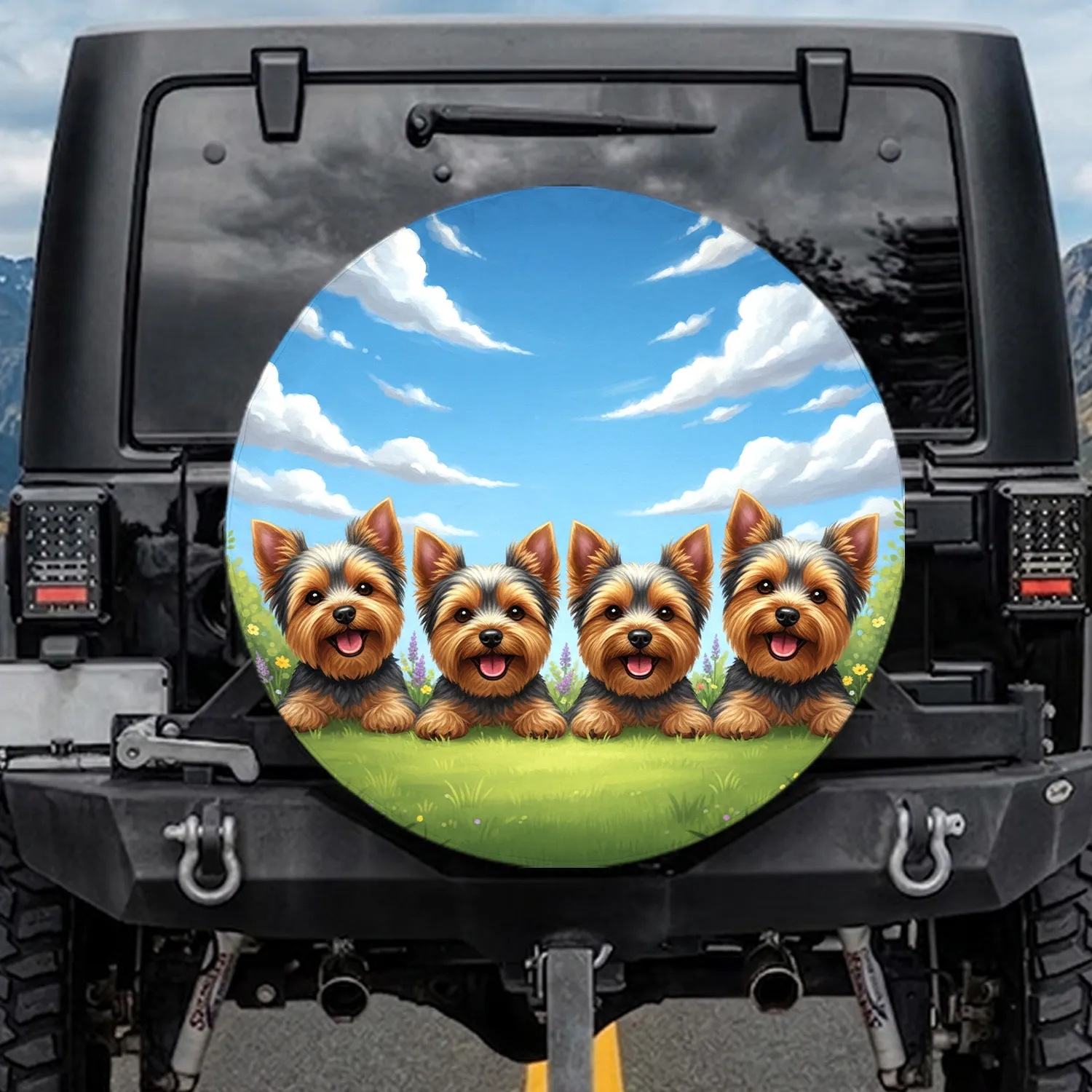 Five Fluffy Yorkshire Terriers Wildflowers Sky - Dog Lover Gift Spare Tire Cover - 1