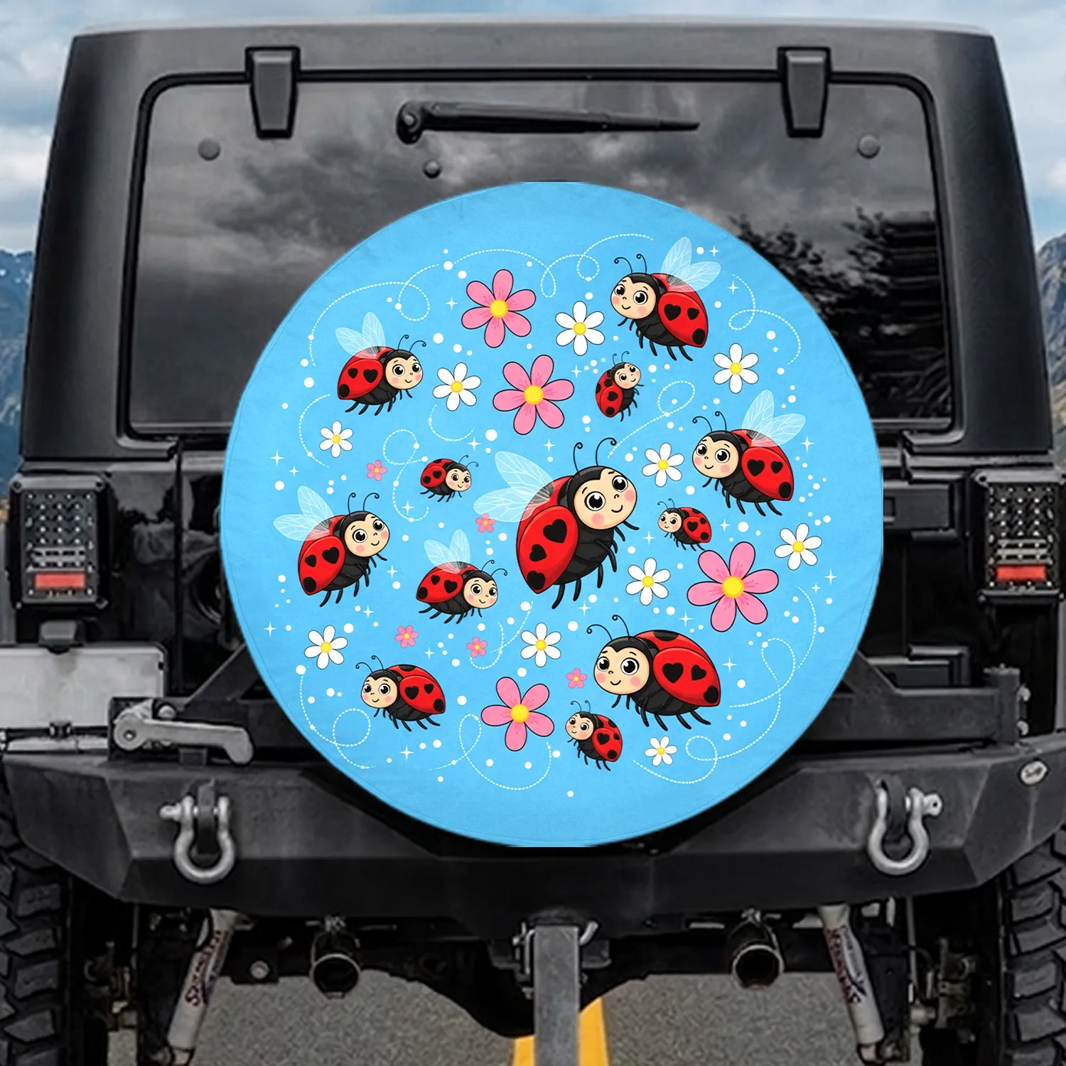 Ladybug Pink Flowers Blue Sky Swirl - Garden Lover Home Decor Gift for Ladybug Lovers Spare Tire Cover - 1