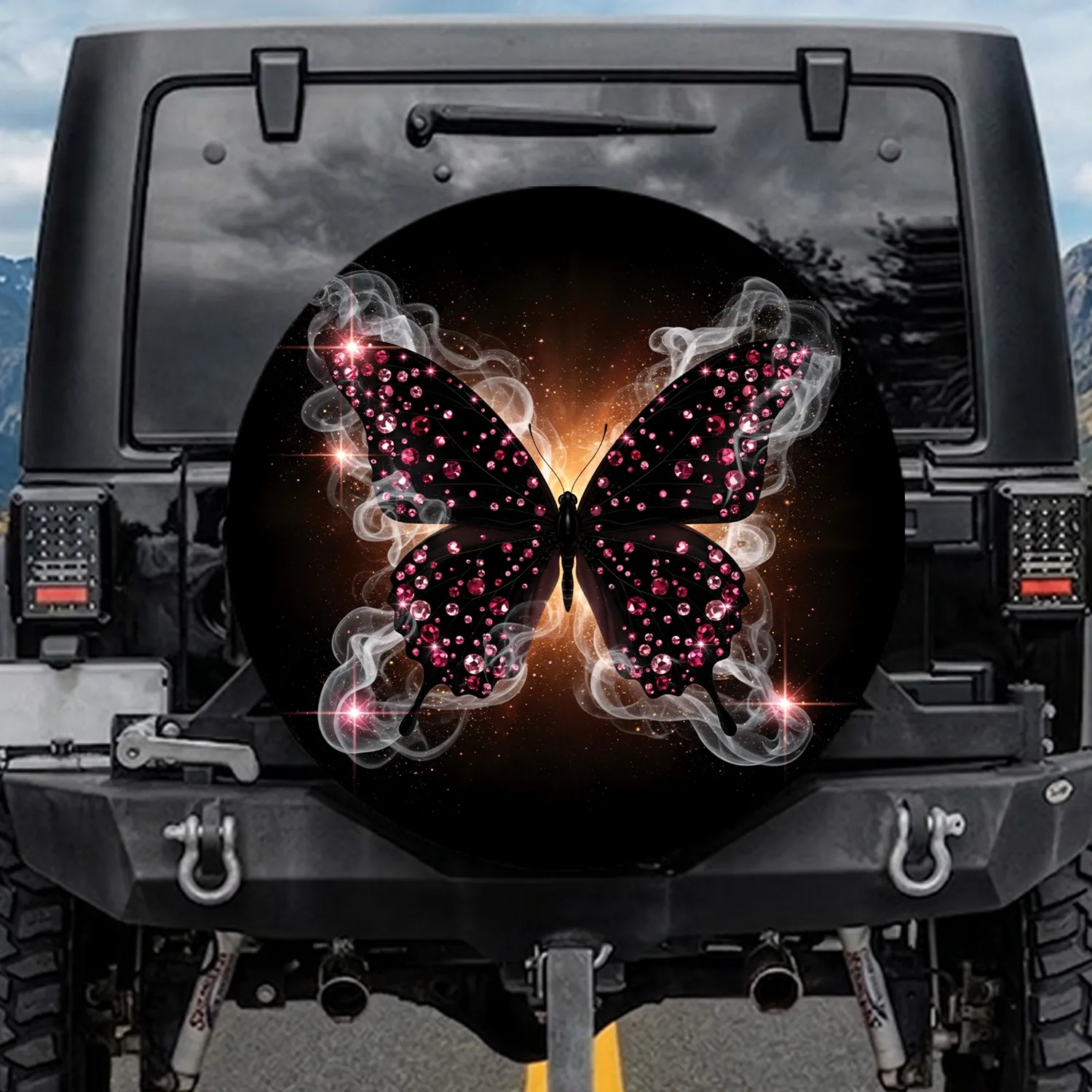 Black Butterfly Rose Ruby Gemstone Cosmic Starburst Fantasy Glam Decor Gift Spare Tire Cover - 1