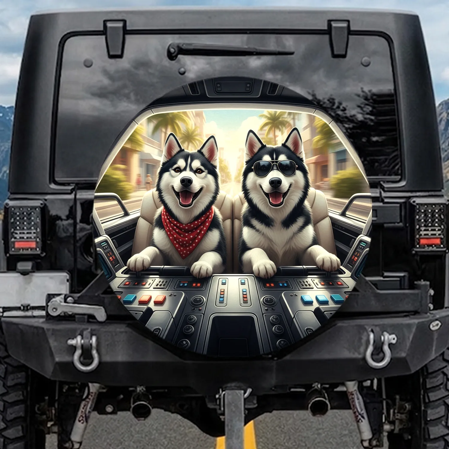 Husky Dogs Aviator Sunglasses Tropical Street Scene - Adventure Lover Gift Spare Tire Cover - 1