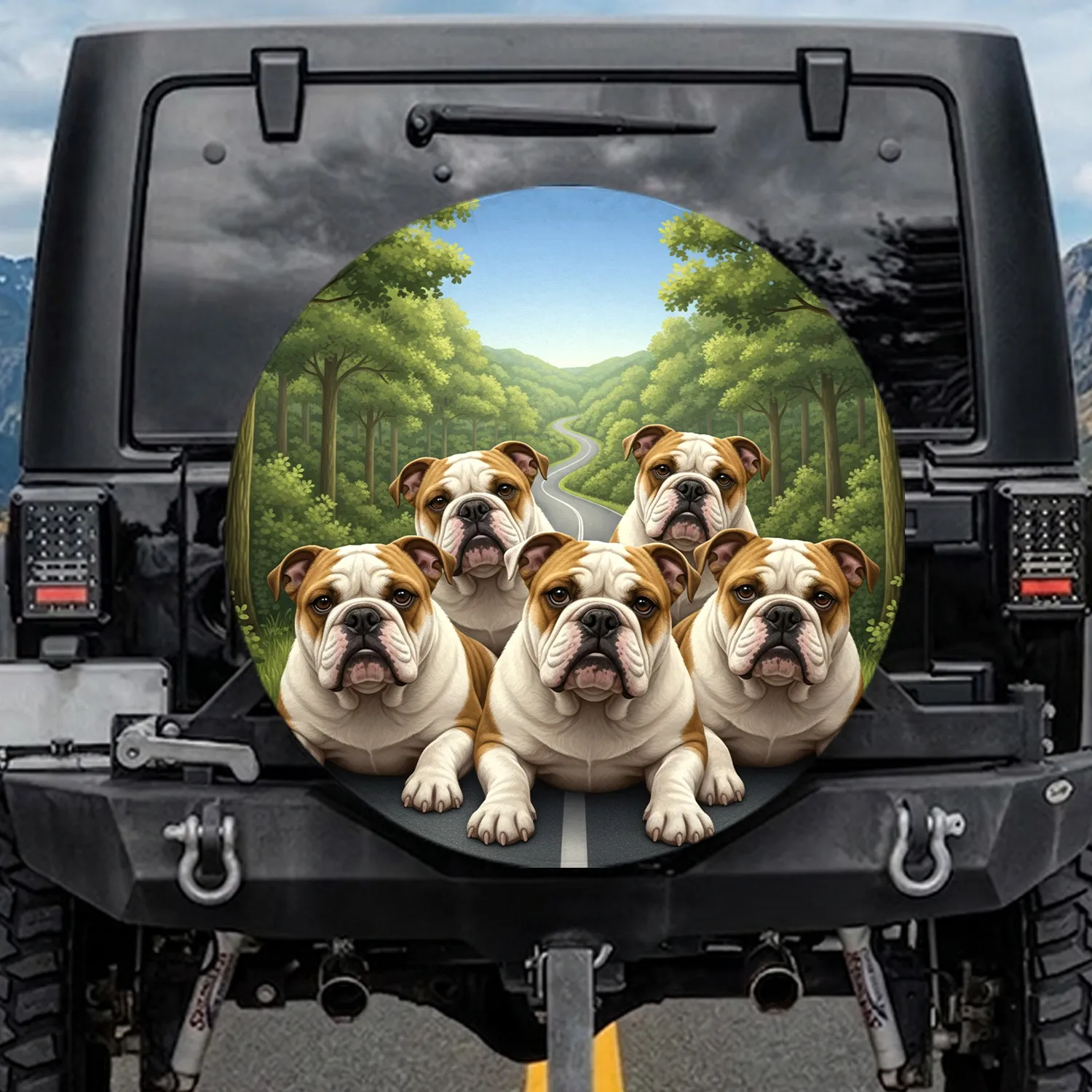 Five English Bulldogs Outdoor Journey Landscape - Dog Lover Gift for Bulldog Enthusiasts Spare Tire Cover - 1