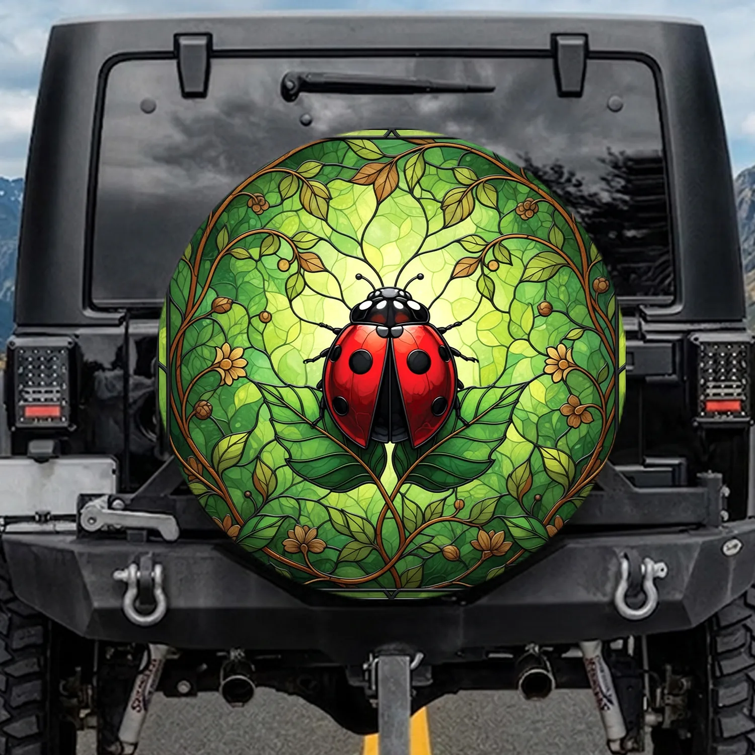 Red Ladybug Green Leaves Vines Floral - Nature Lover Outdoor Decor Gift Spare Tire Cover - 1