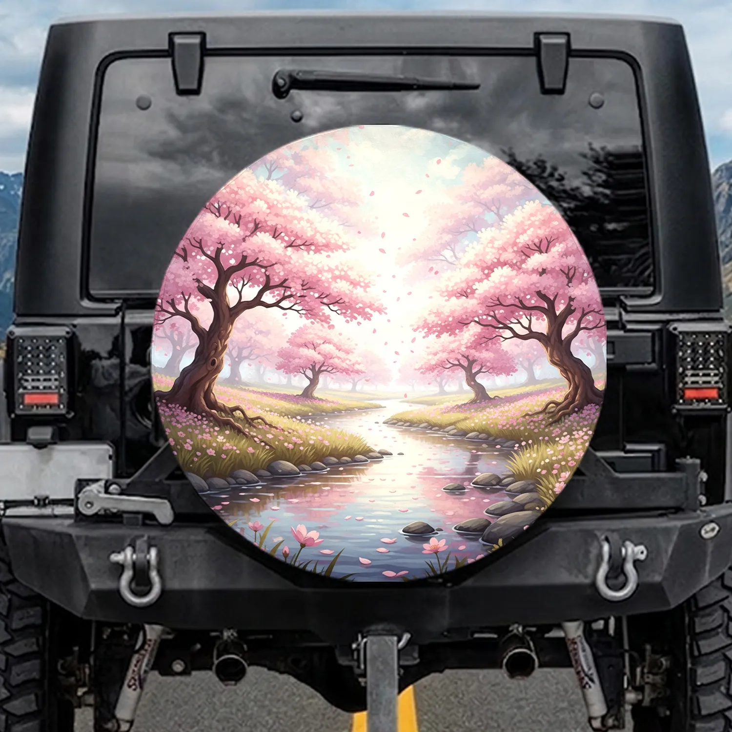 Winding River Cherry Blossom Landscape Pink Flowers - Home Decor Gift Spare Tire Cover - 1