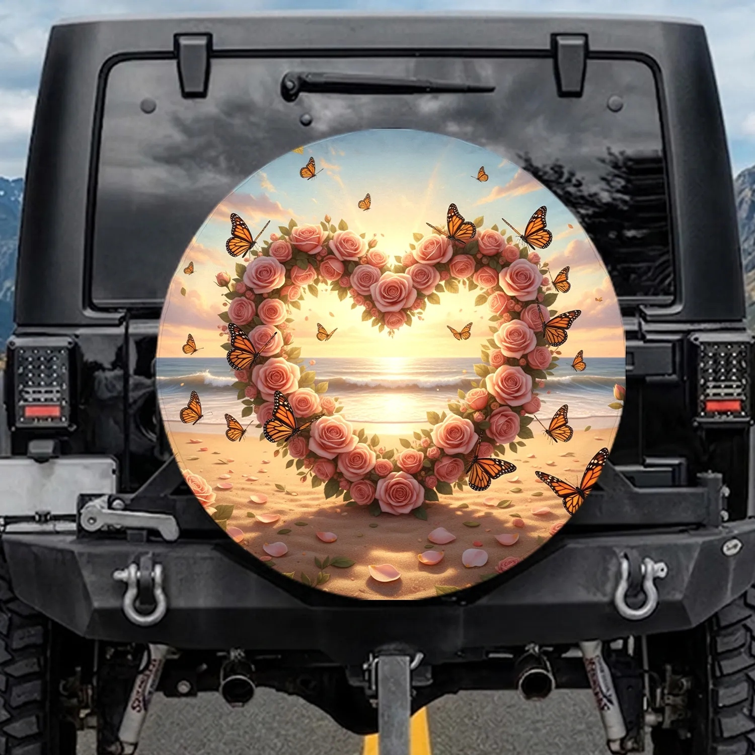 Heart Rose Wreath Monarch Butterflies Sunset Beach - Nature Lover Gift Spare Tire Cover - 1
