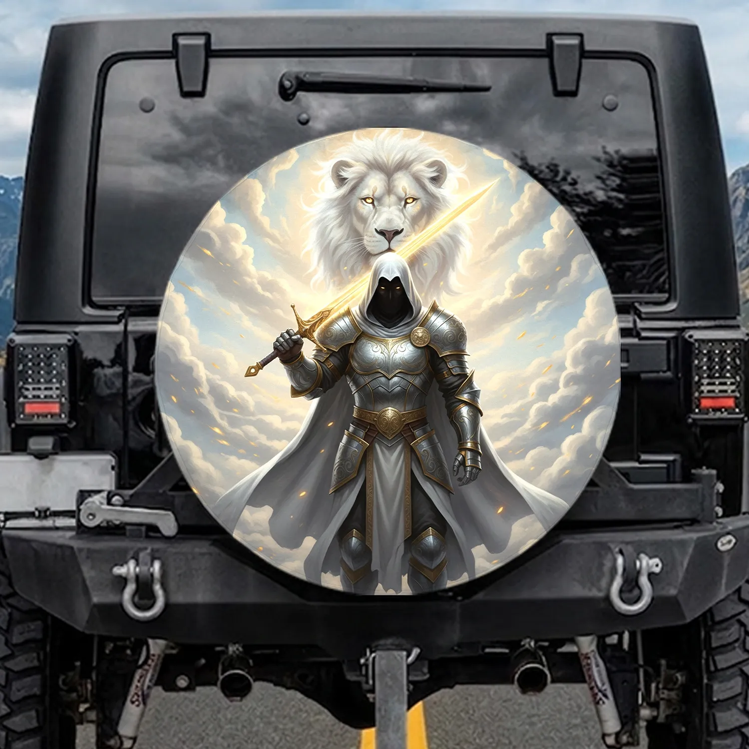 Golden Sword Warrior White Lion Celestial - Travel Essentials Gift Spare Tire Cover - 1