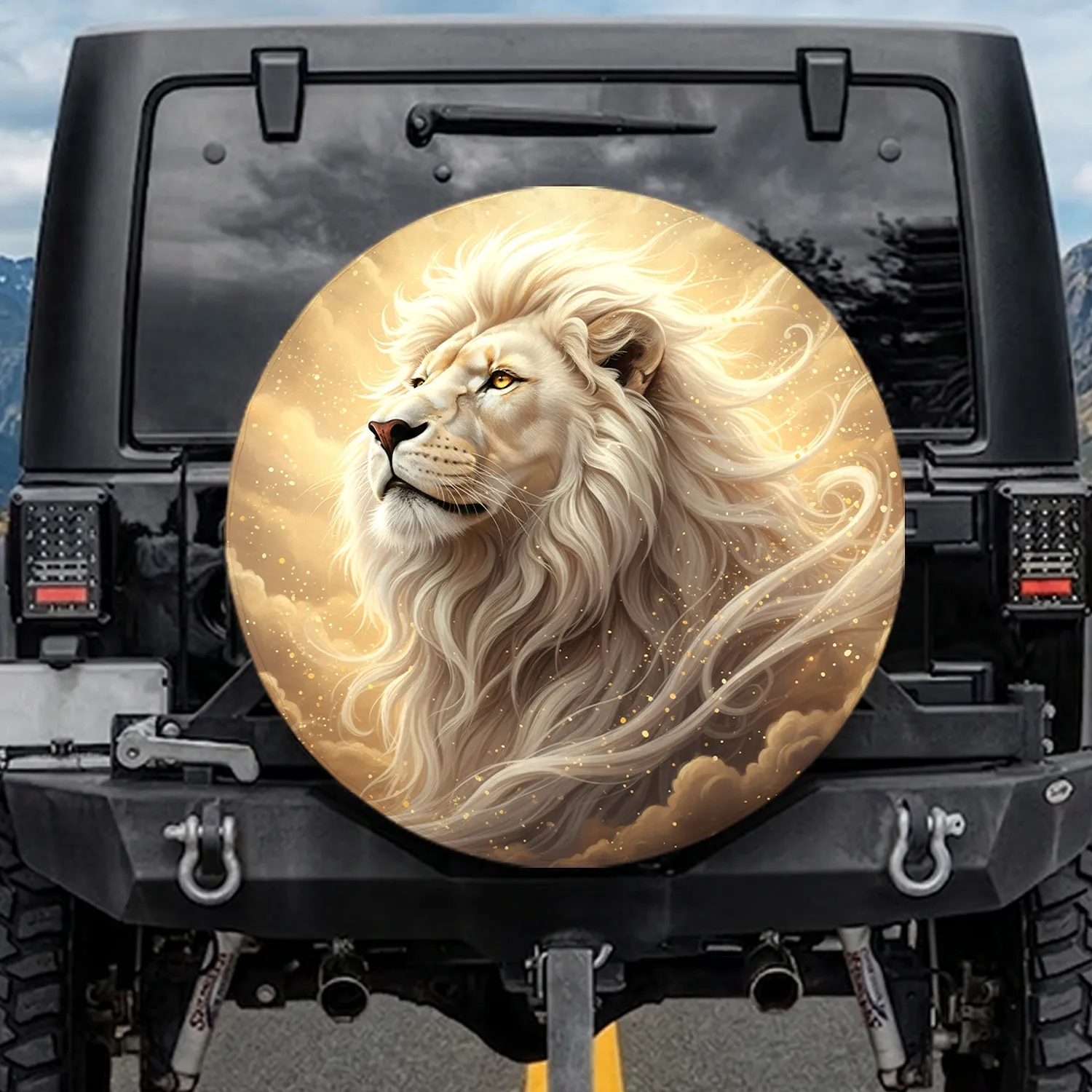 Majestic White Lion Flowing Mane Golden Cloudscape - Outdoor Lifestyle Gift Spare Tire Cover - 1