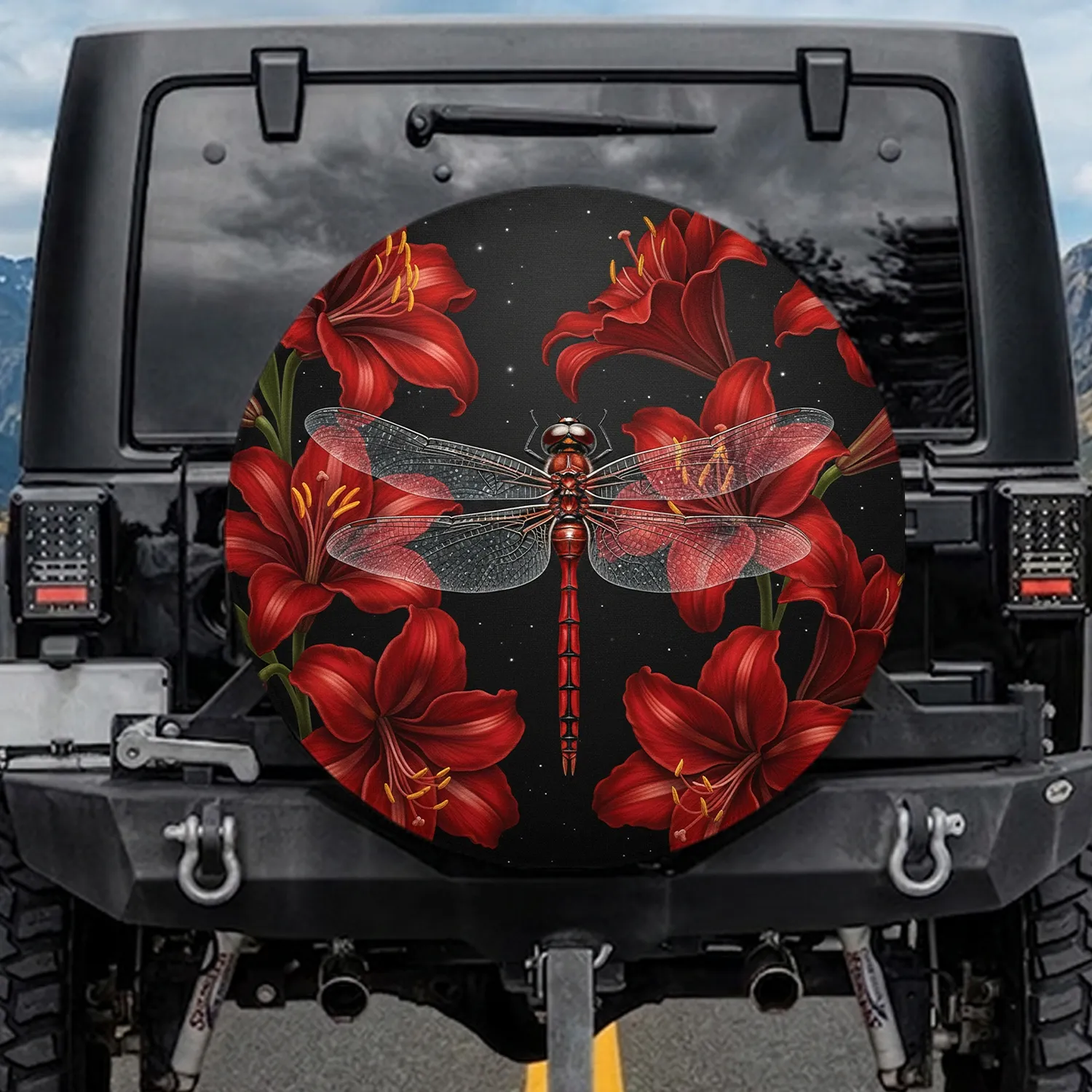 Realistic Red Dragonfly Translucent Wings Lush Red Lilies Starry Sky - Wildlife Lover Gift Spare Tire Cover - 1