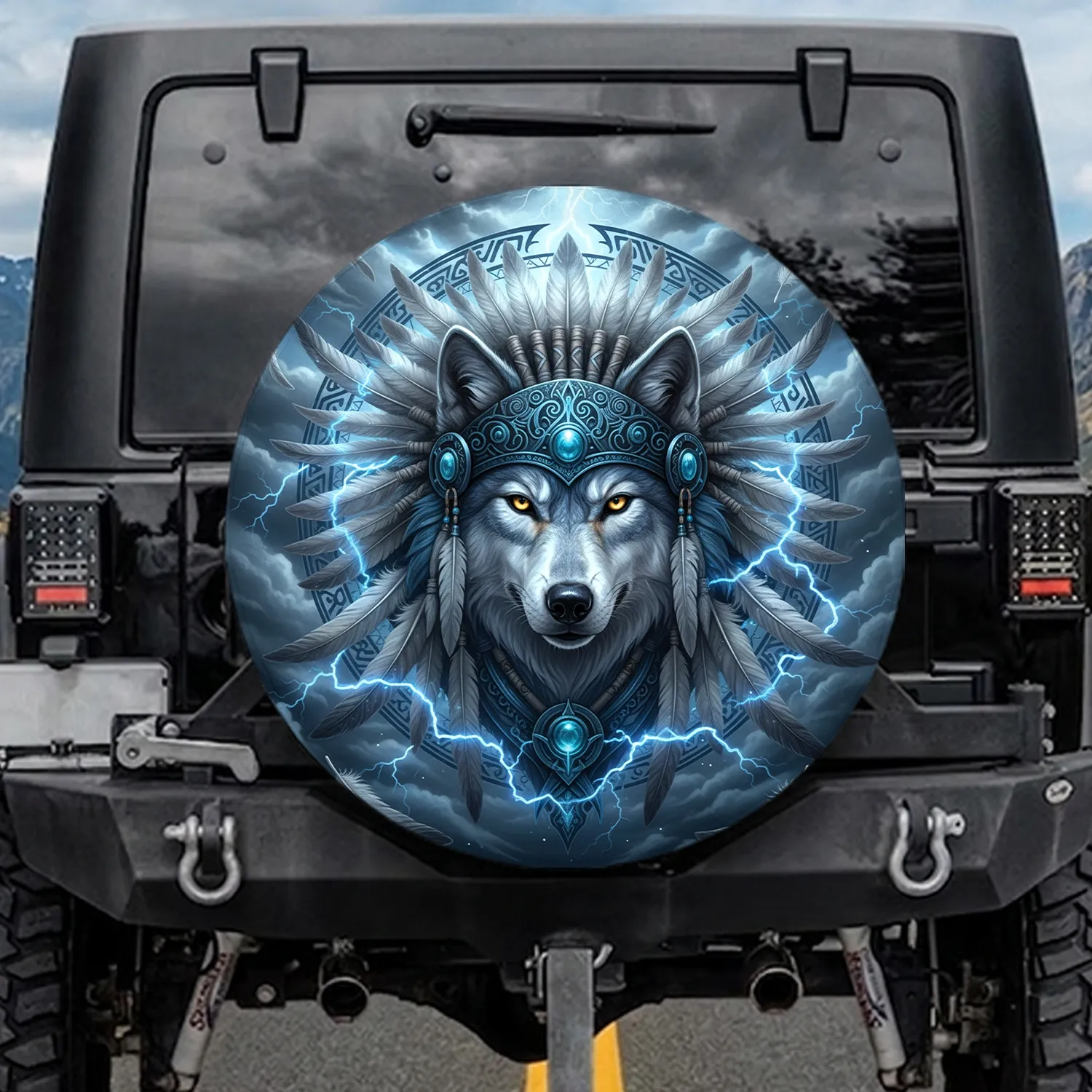 Wolf Head Tribal Headdress Feathers Glowing Gems Lightning Storm - Wildlife Lover Gift Spare Tire Cover - 1
