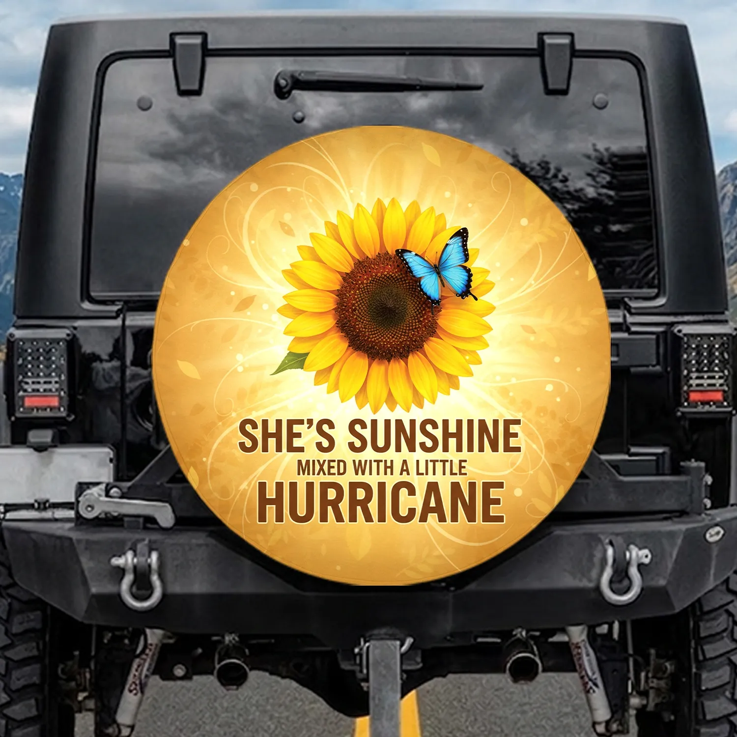 Sunflower Butterfly She's Sunshine Mixed With Hurricane - Strong Woman Gift for Her Spare Tire Cover - 1