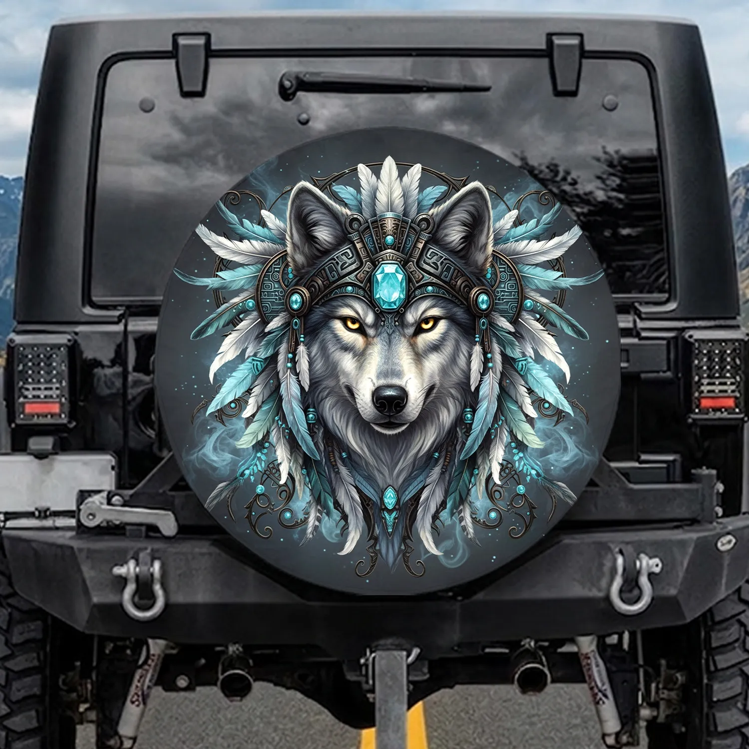 Wolf Head Aquamarine Gemstone Tribal Headdress - Wildlife Lover Gift Spare Tire Cover - 1
