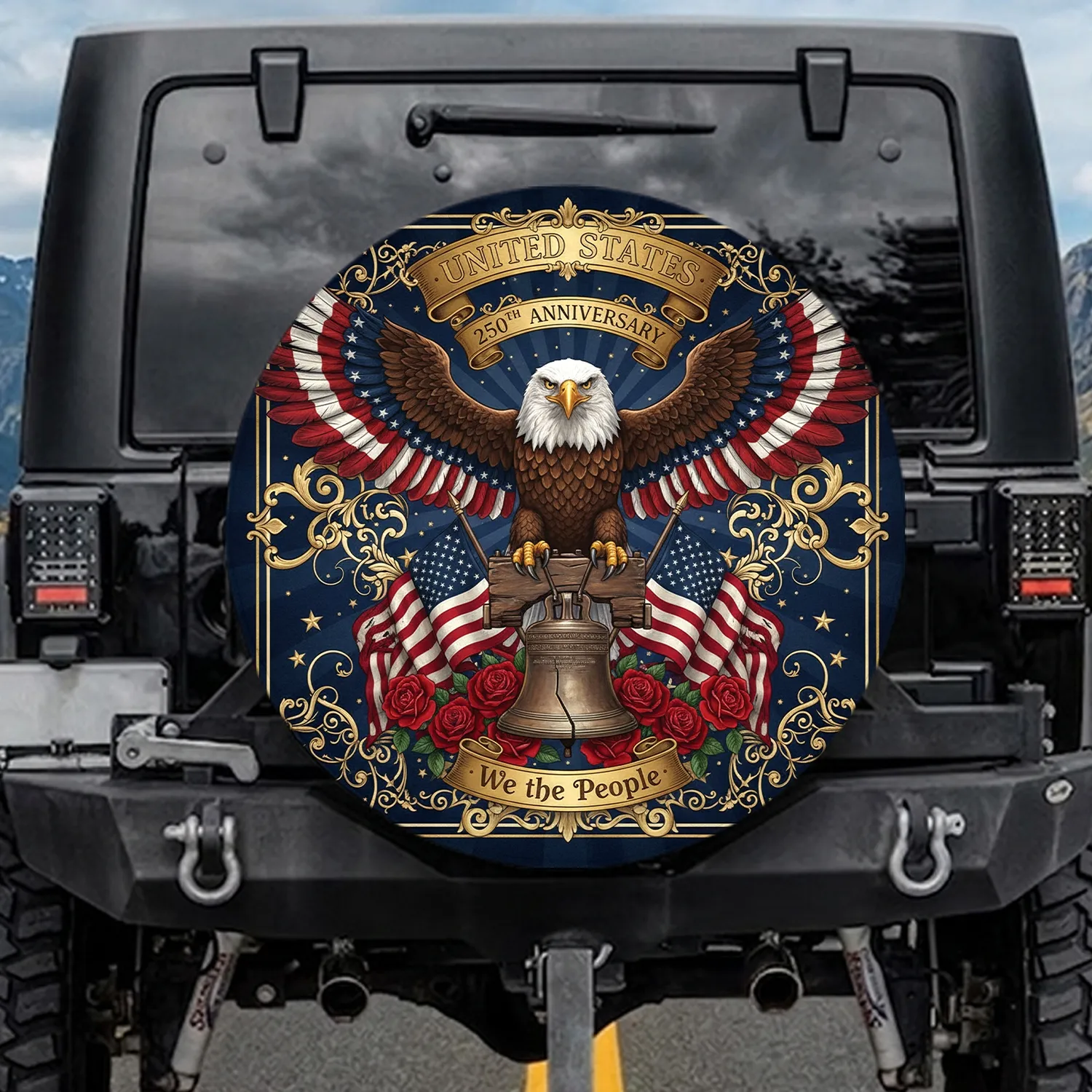 Bald Eagle American Flag Liberty Bell 250th Anniversary for Veterans Spare Tire Cover - 1