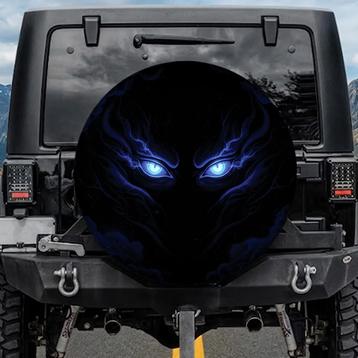 Electric Blue Eyes Dark Smoke Tendrils Deep Blue Light Rays - Travel Essentials Spare Tire Cover - 1