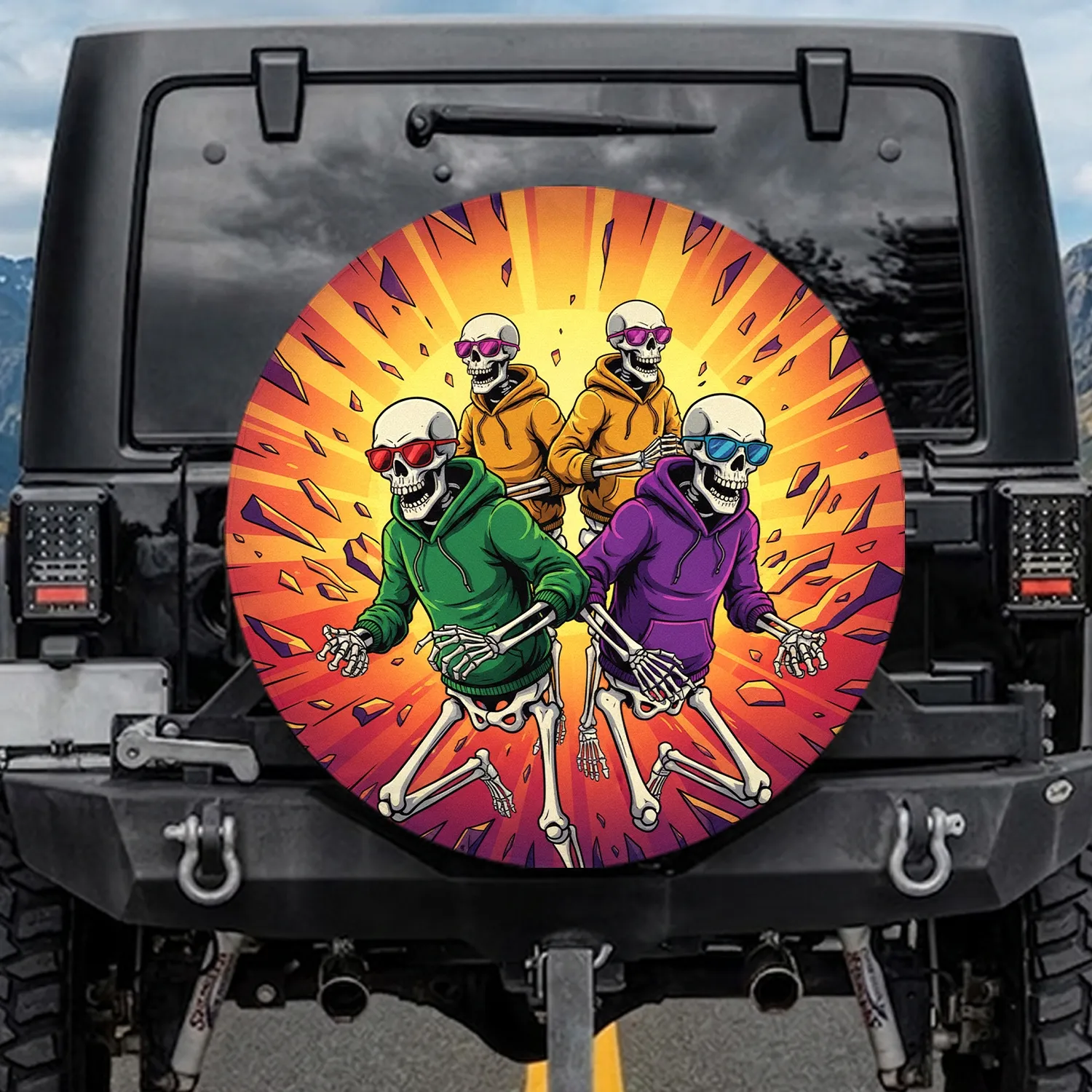 Four Skeletons Vibrant Hoodies Sunglasses Sunset - Road Trip Adventure Gift Spare Tire Cover - 1