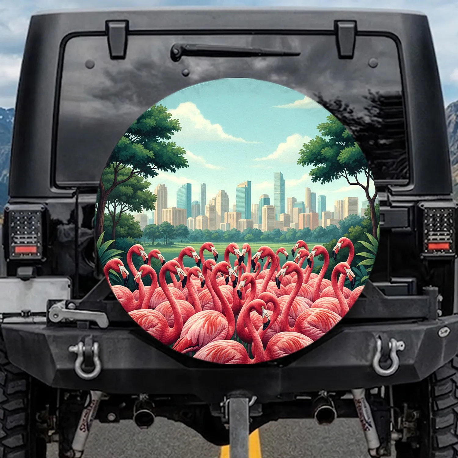 Pink Flamingos City Skyline Urban Park Scene - Wildlife Home Decor Gift for Bird Lovers Spare Tire Cover - 1