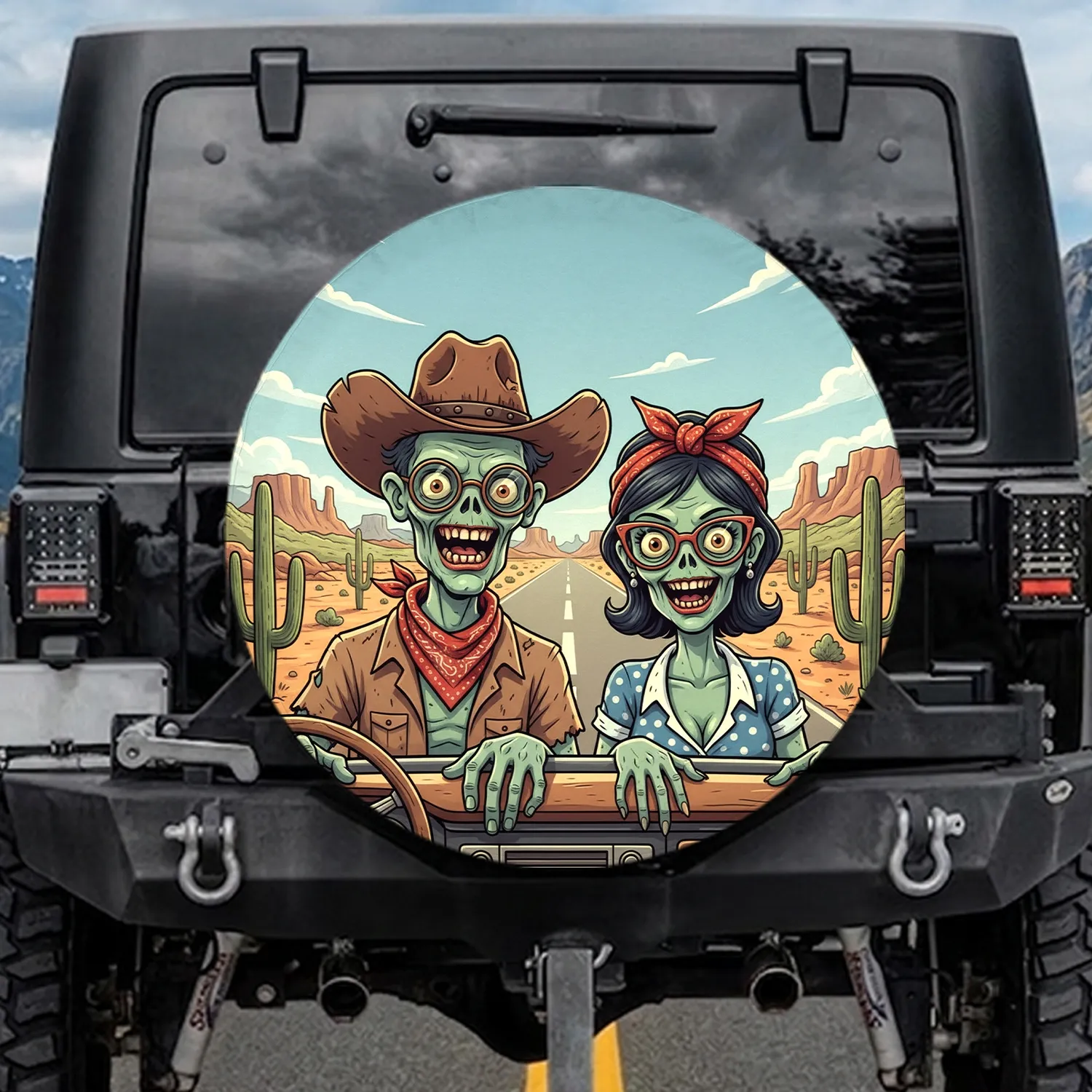 Grinning Zombie Couple Desert Road Trip - Travel Essentials Gift for Road Tripper Spare Tire Cover - 1