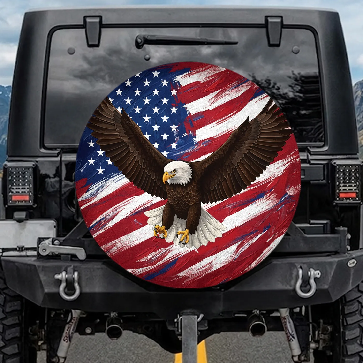 Bald Eagle In Flight Distressed American Flag Stars - Independence Day Gift for Veterans Spare Tire Cover - 1